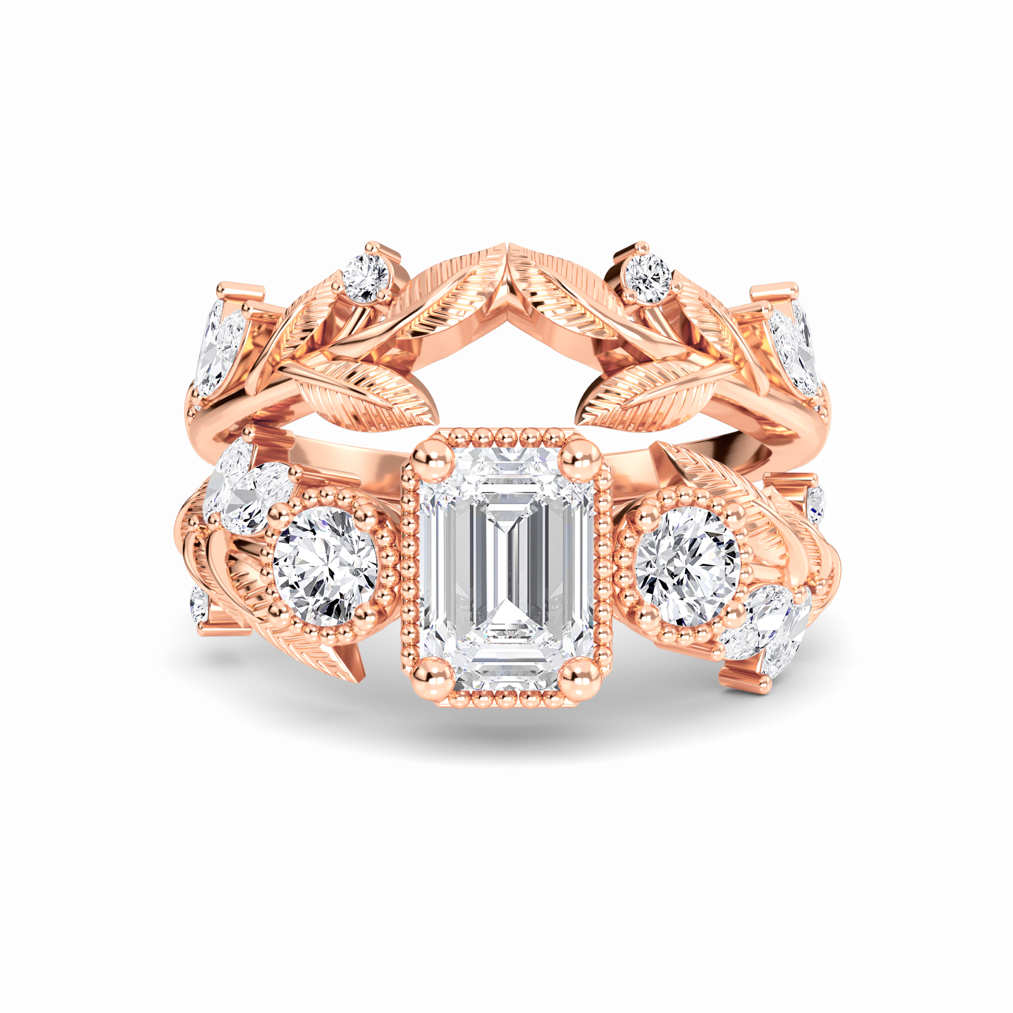 White Diamond Leaf Scroll Celestia Three-Stone Bridal Engagement Ring - Yanxia