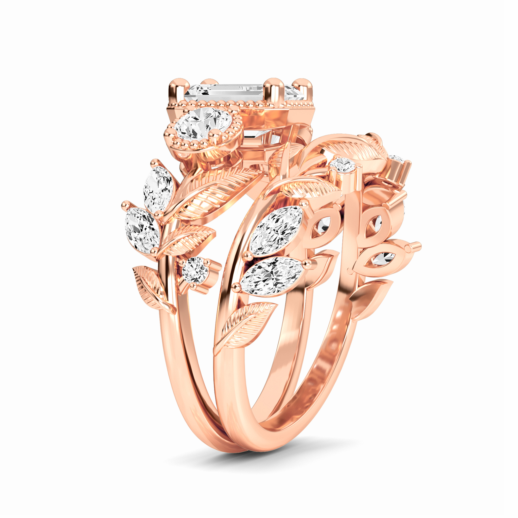 White Diamond Leaf Scroll Celestia Three-Stone Bridal Engagement Ring - Yanxia