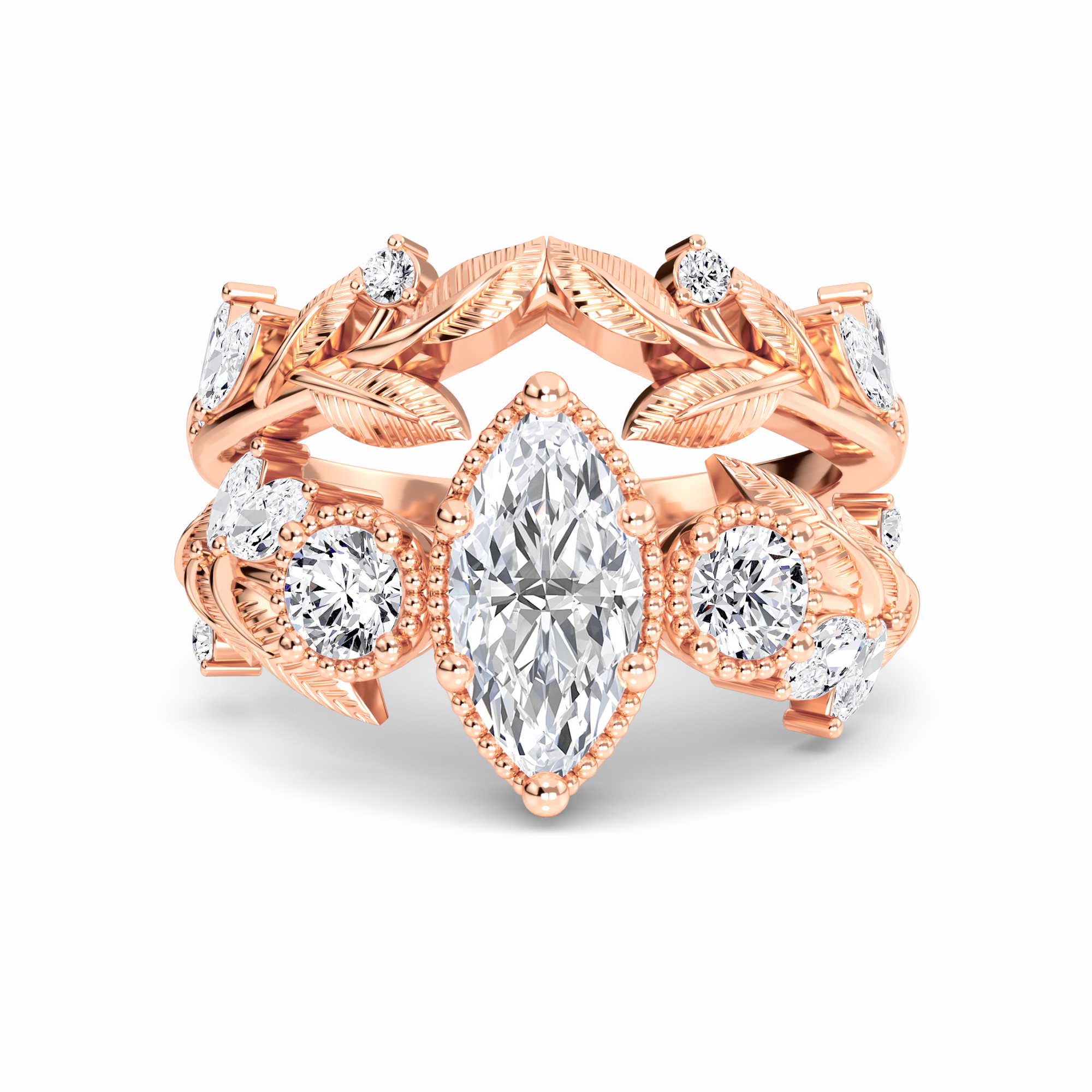 White Diamond Leaf Scroll Celestia Three-Stone Bridal Engagement Ring - Yanxia