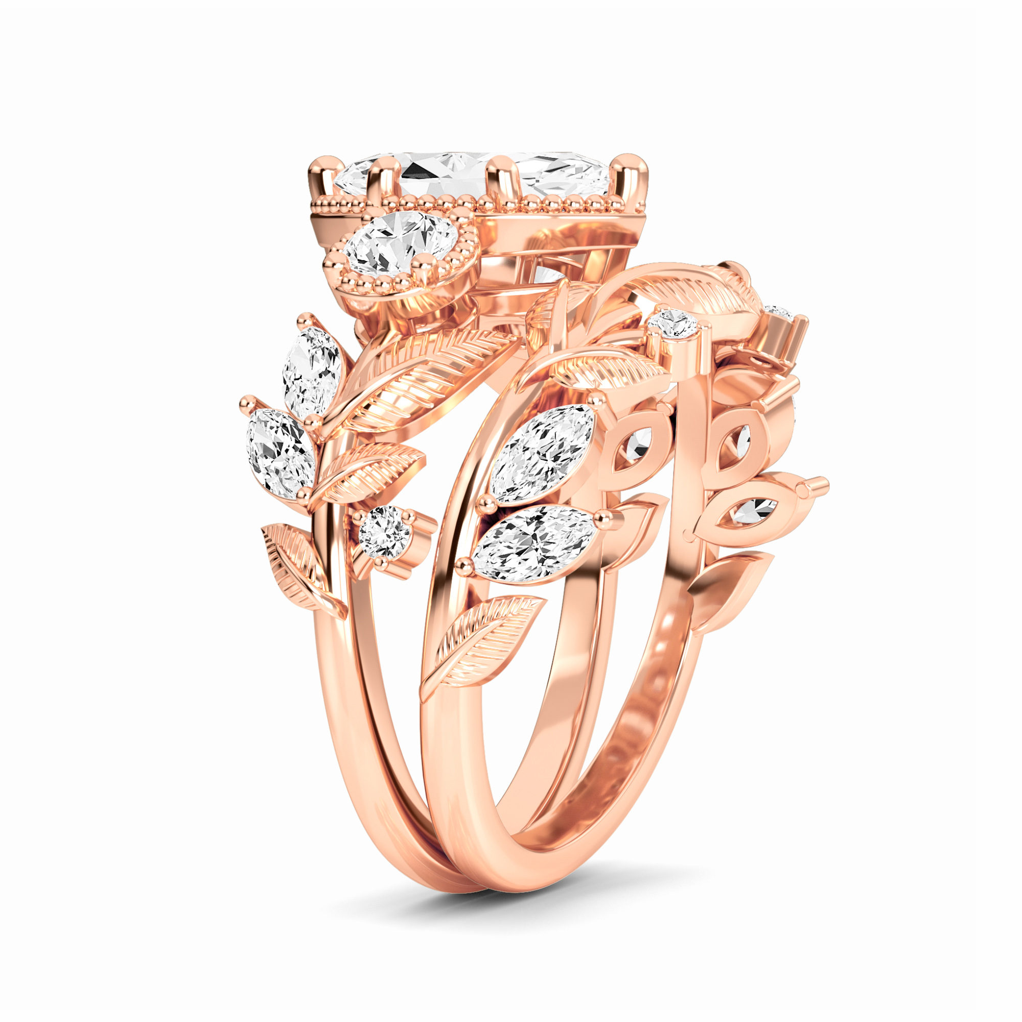 White Diamond Leaf Scroll Celestia Three-Stone Bridal Engagement Ring - Yanxia