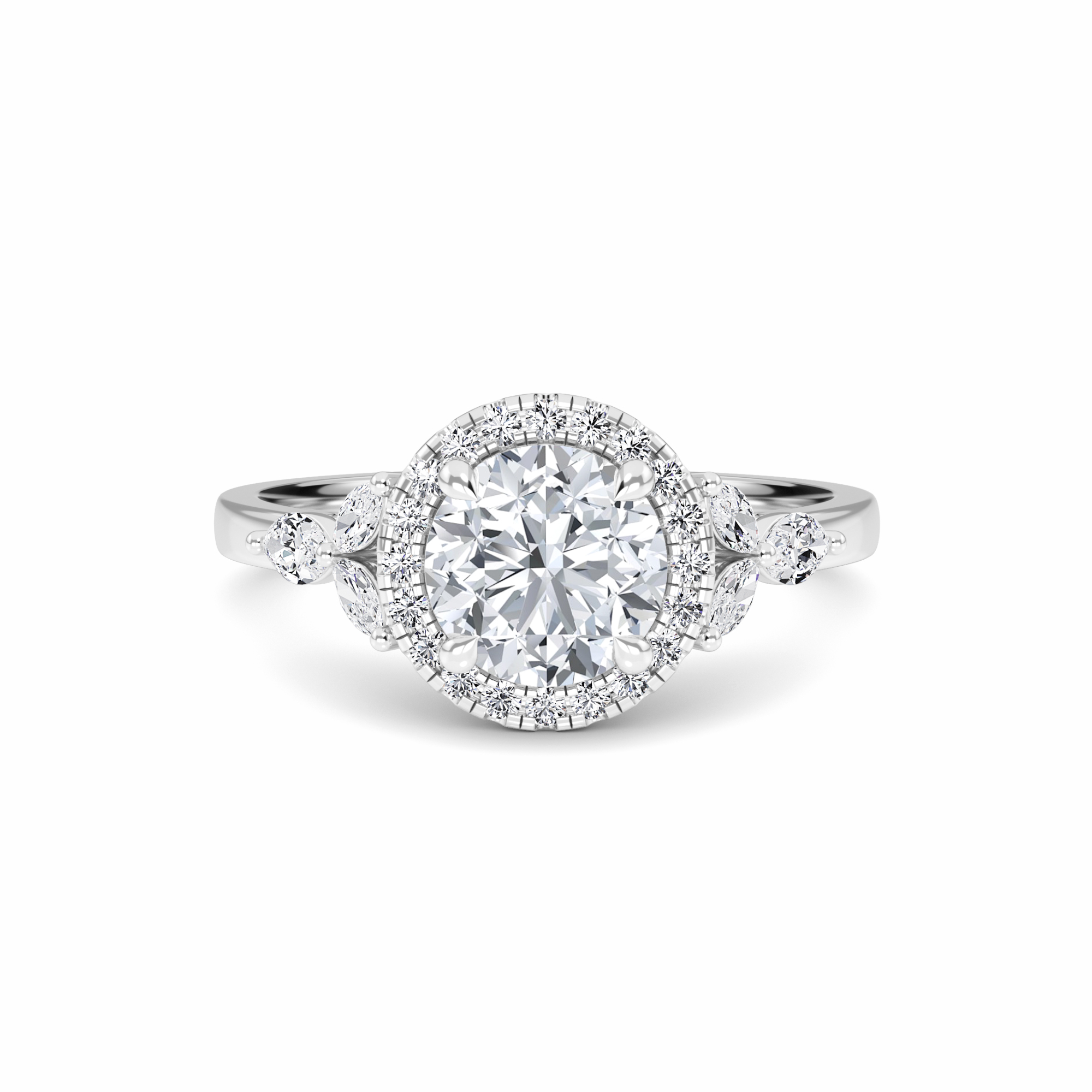 White Diamond Unique Marquise Accent Halo Engagement Ring - Arianna