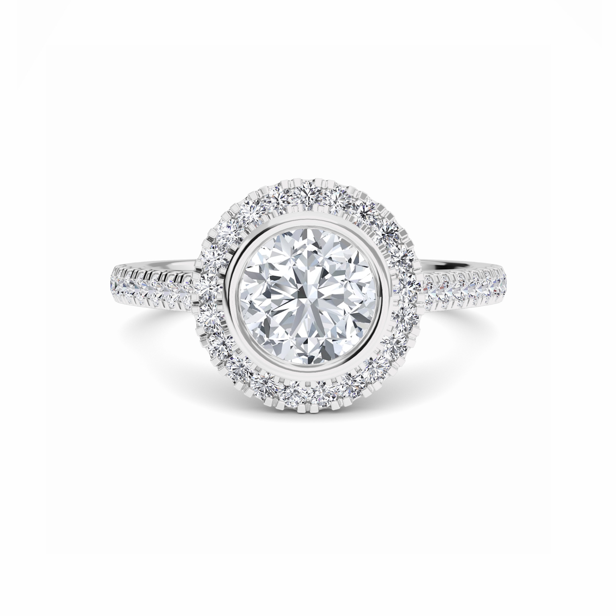 White Diamond Elegant Bezel-Set Pave Halo Engagement Ring - Vedika