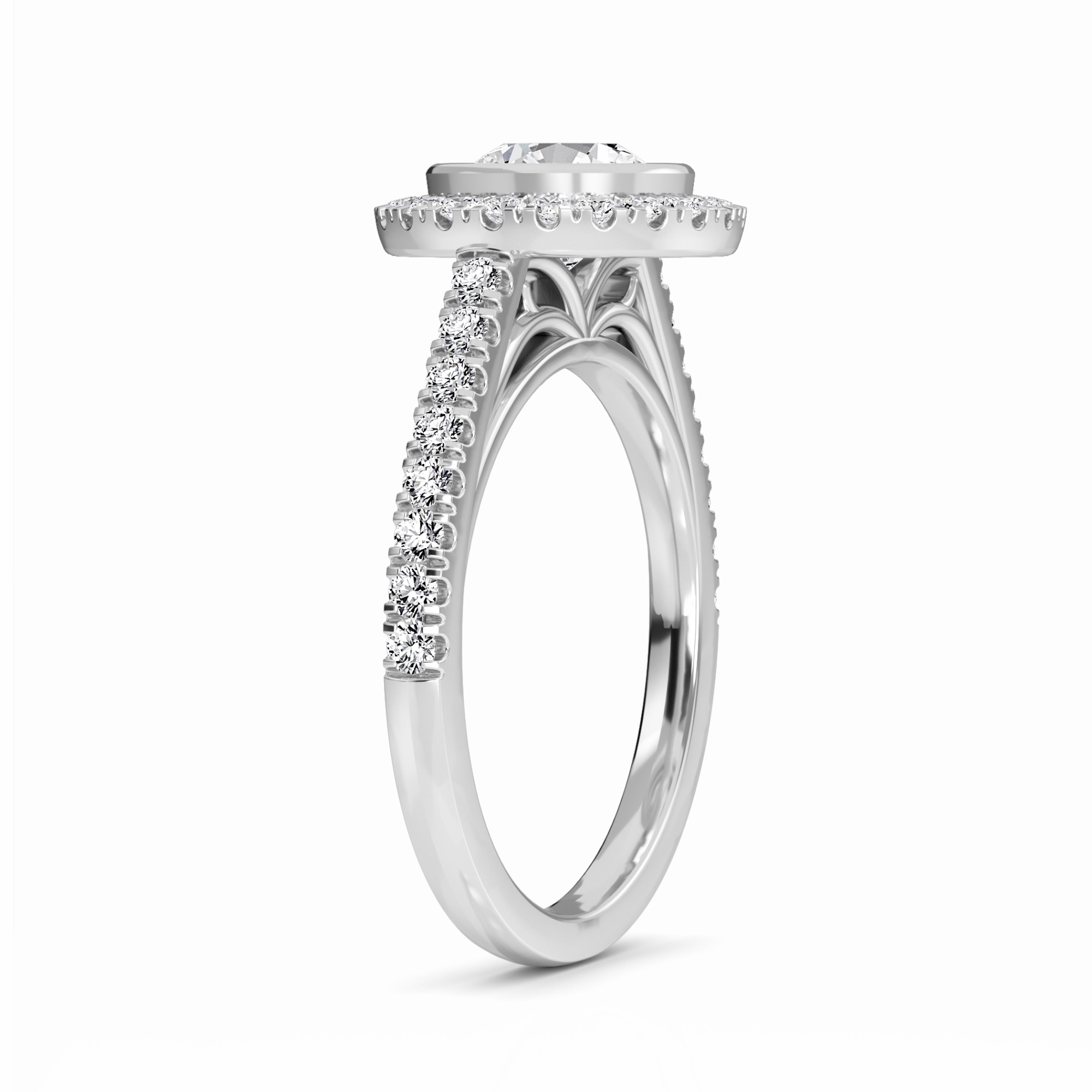 White Diamond Elegant Bezel-Set Pave Halo Engagement Ring - Vedika