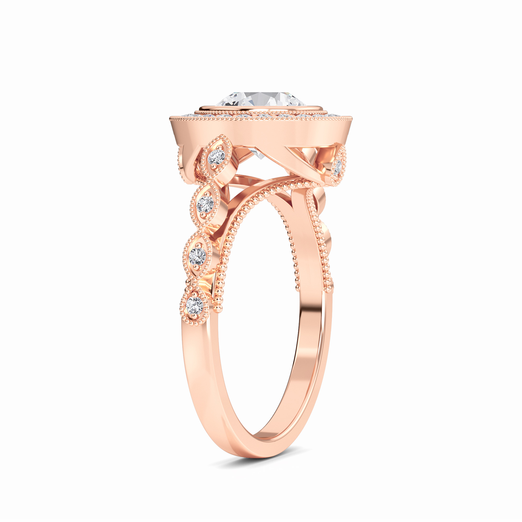 White Diamond Vintage-Inspired Milgrain Halo Engagement Ring - Elodie