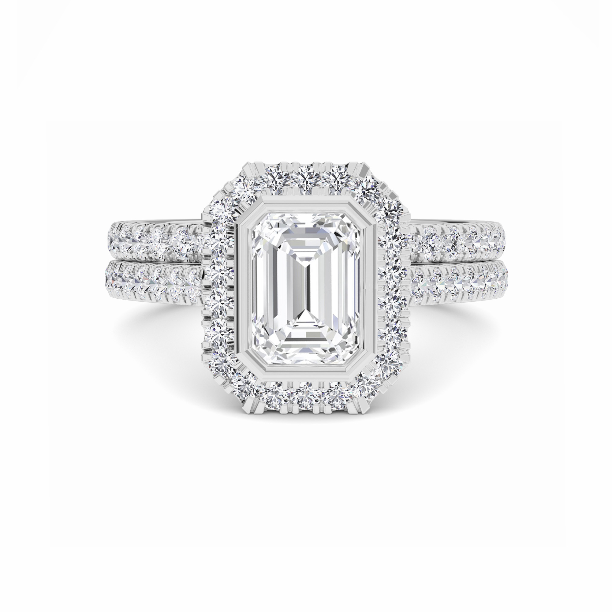 White Diamond Bezel Halo Bridal Ring Set Engagement Ring - Michaela