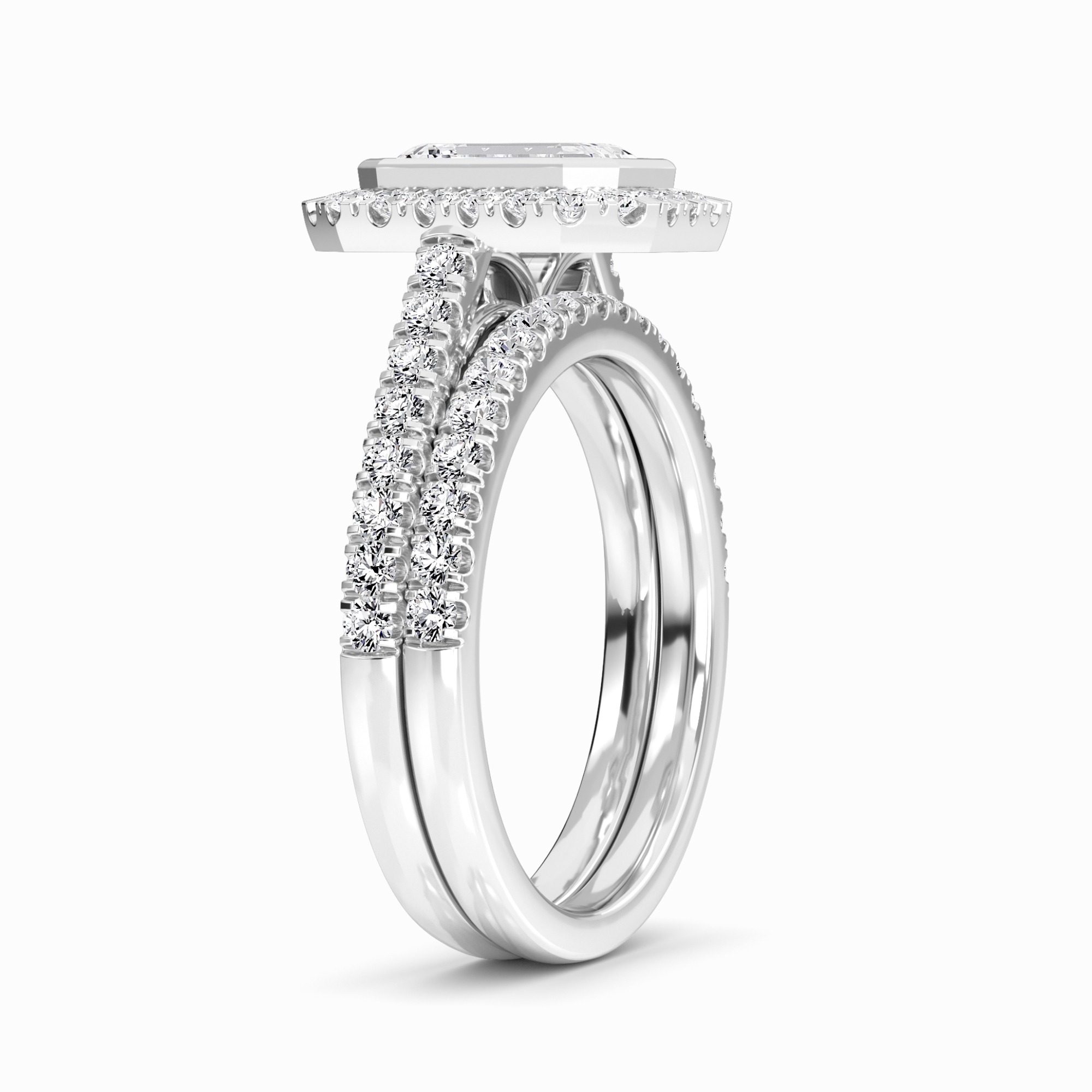 White Diamond Bezel Halo Bridal Ring Set Engagement Ring - Michaela