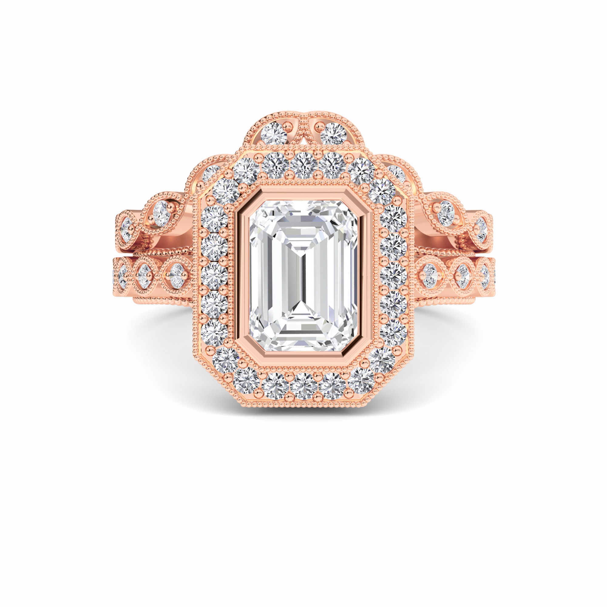 White Diamond Vintage Halo Bridal Set Engagement Ring - Joanna