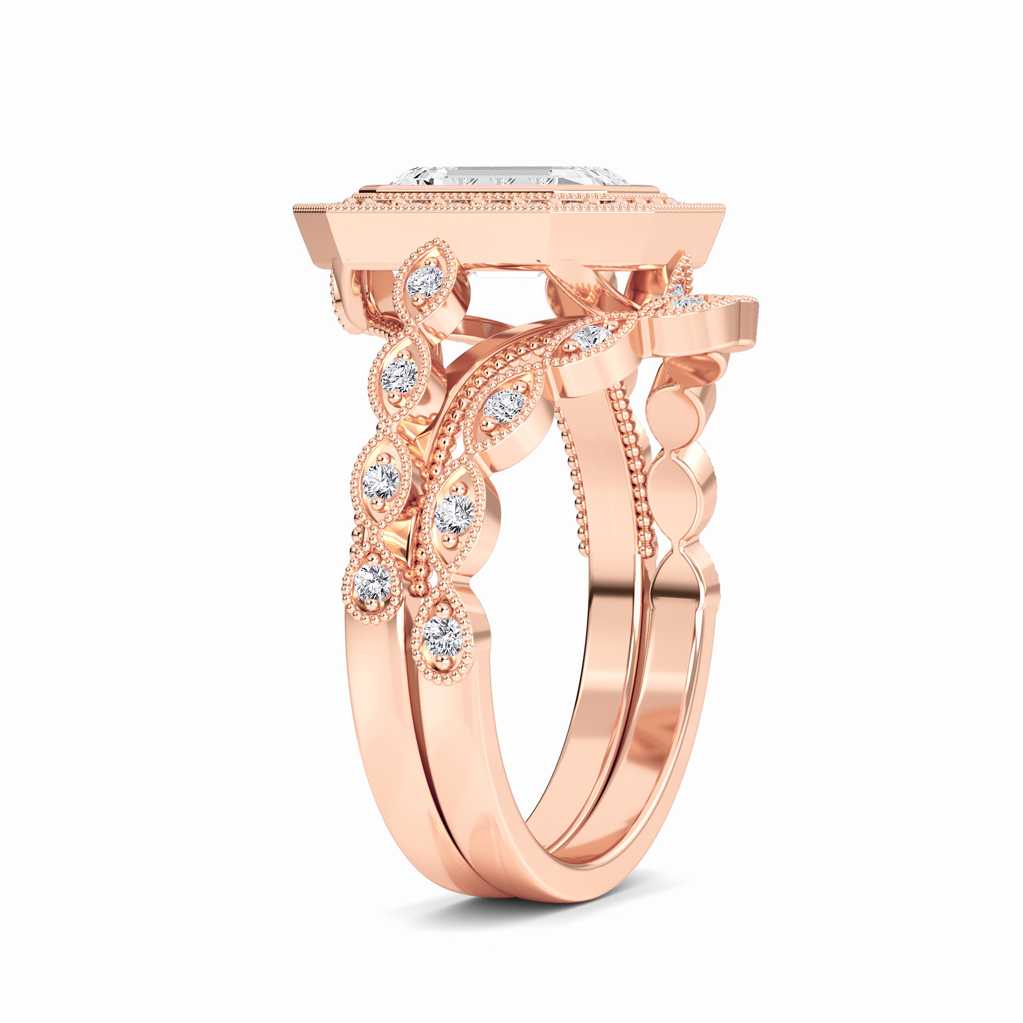 White Diamond Vintage Halo Bridal Set Engagement Ring - Joanna