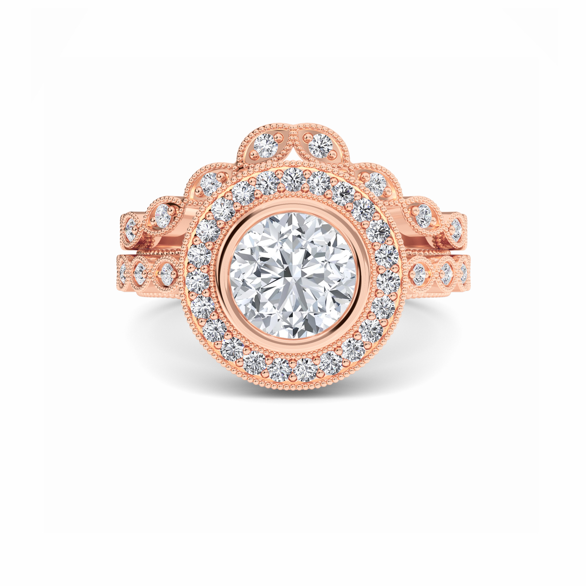 White Diamond Vintage Halo Bridal Set Engagement Ring - Joanna
