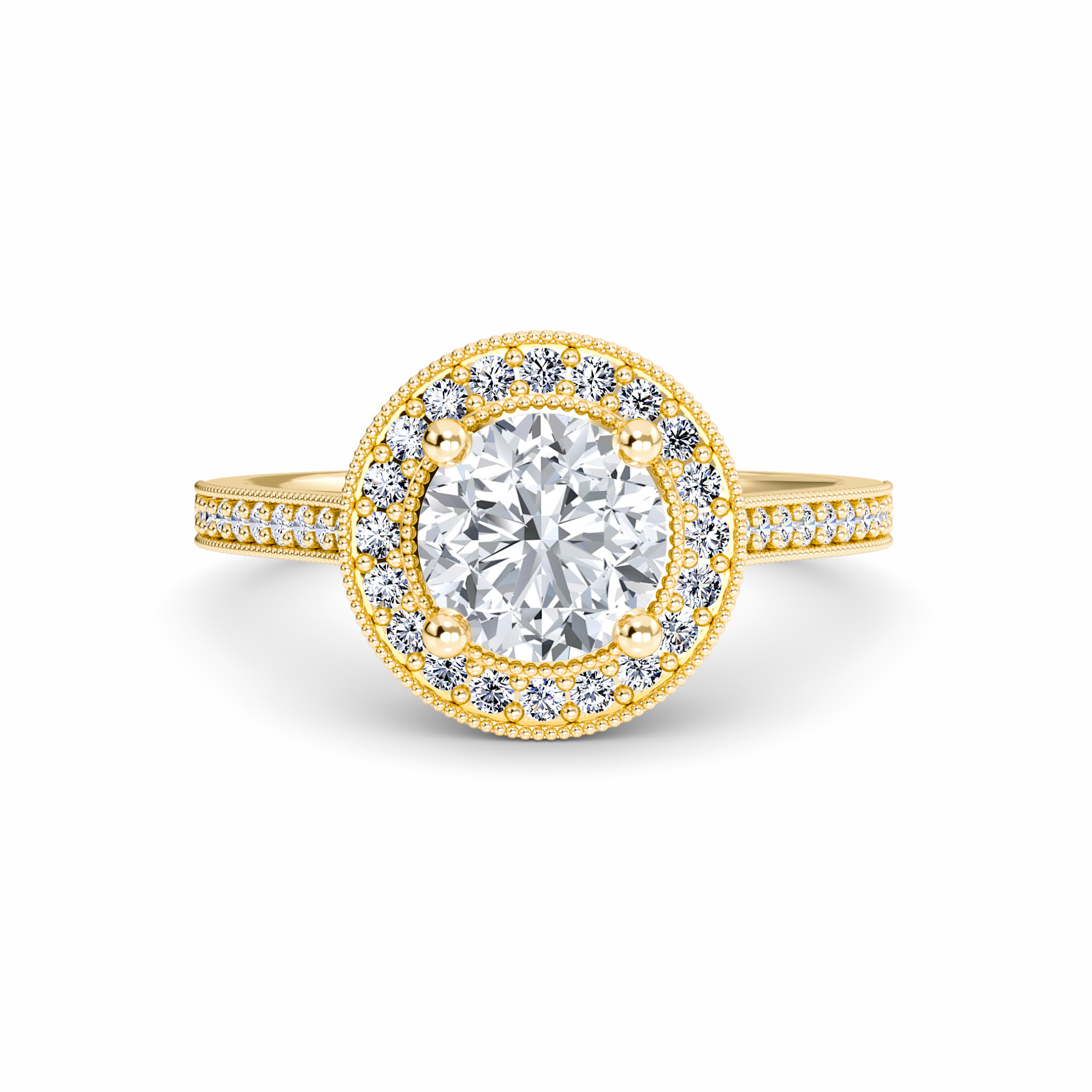 White Diamond Halo Vintage Milgrain Engagement Ring - Celine