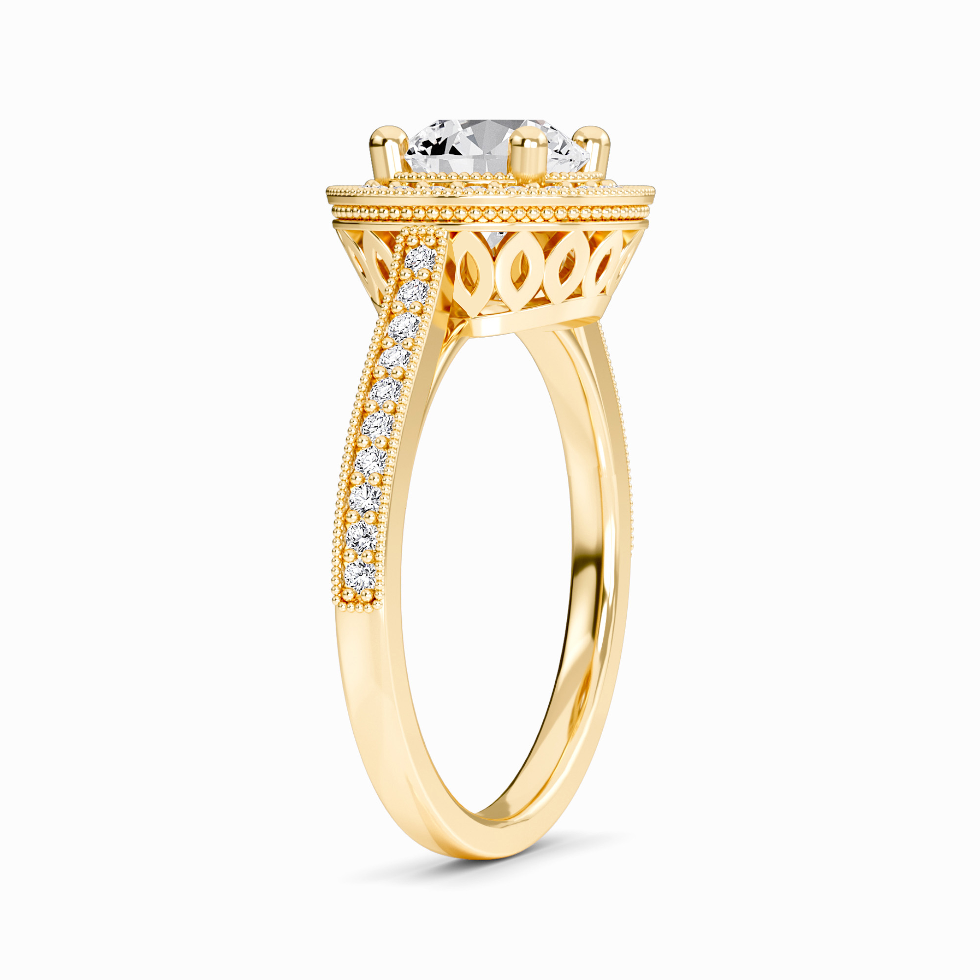 White Diamond Halo Vintage Milgrain Engagement Ring - Celine