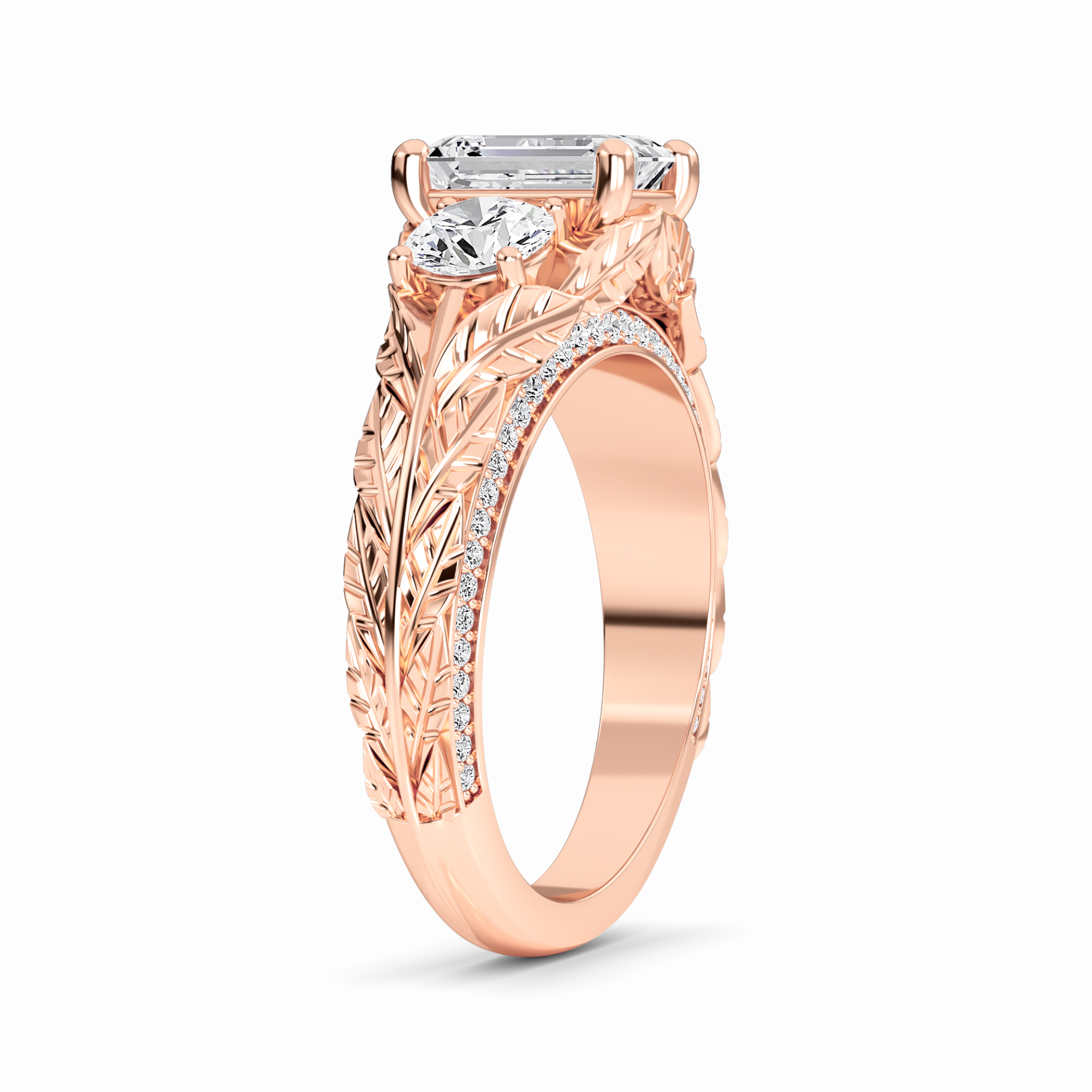 White Diamond Three-Stone Vintage Engraved Engagement Ring - Anneliese