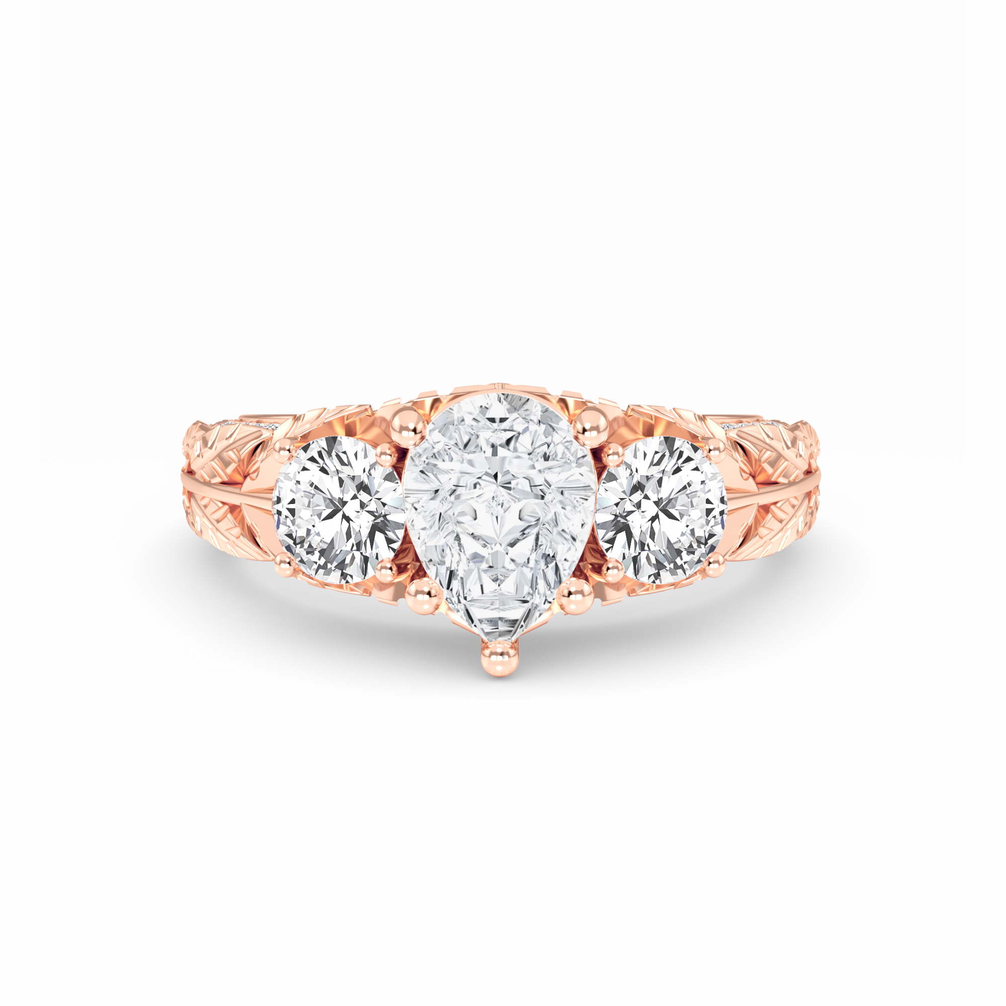White Diamond Three-Stone Vintage Engraved Engagement Ring - Anneliese