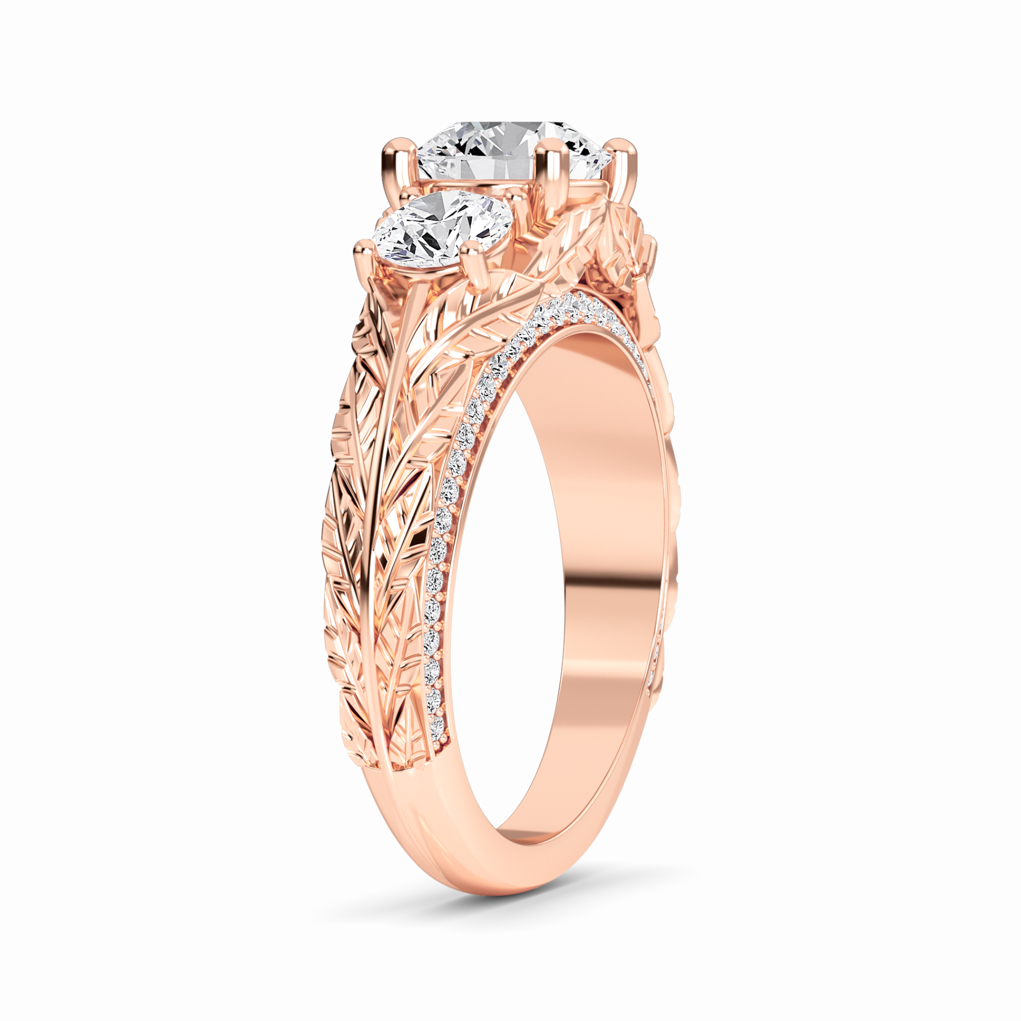 White Diamond Three-Stone Vintage Engraved Engagement Ring - Anneliese