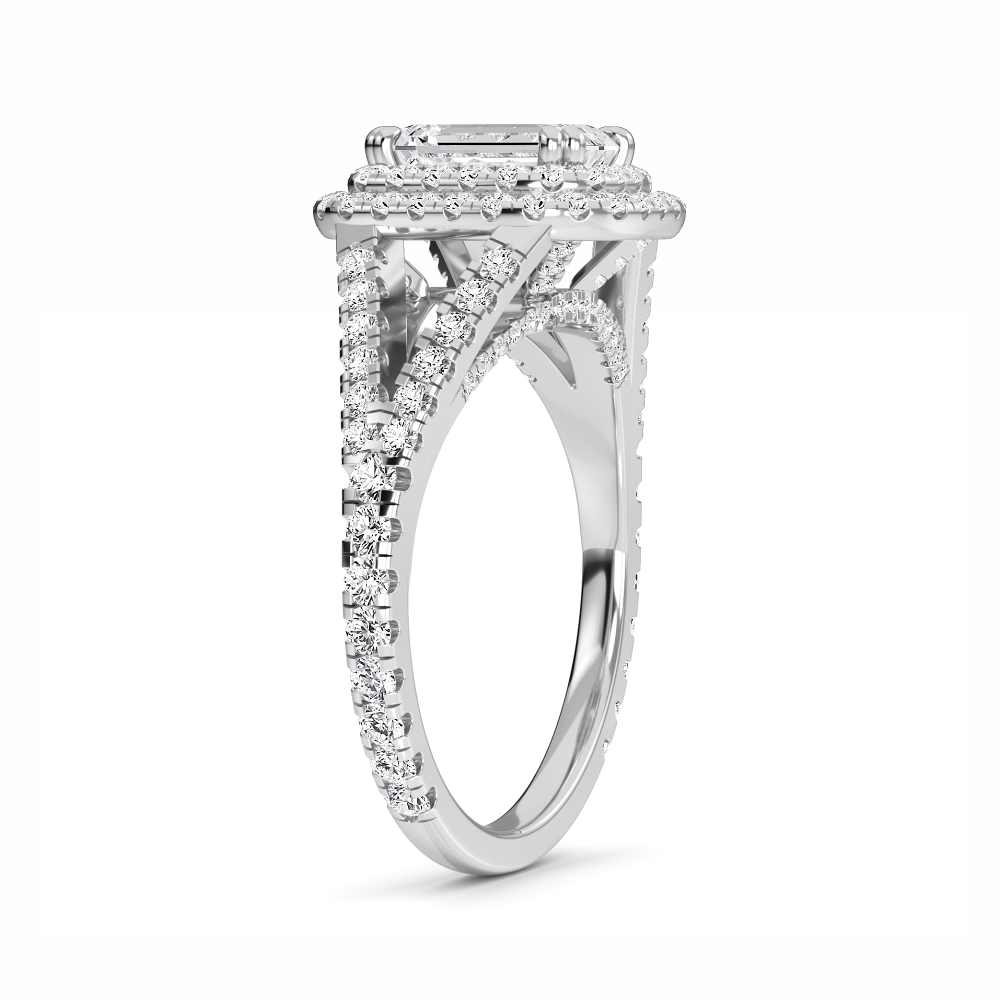 White Diamond Double Halo Pave Engagement Ring - Genevieve