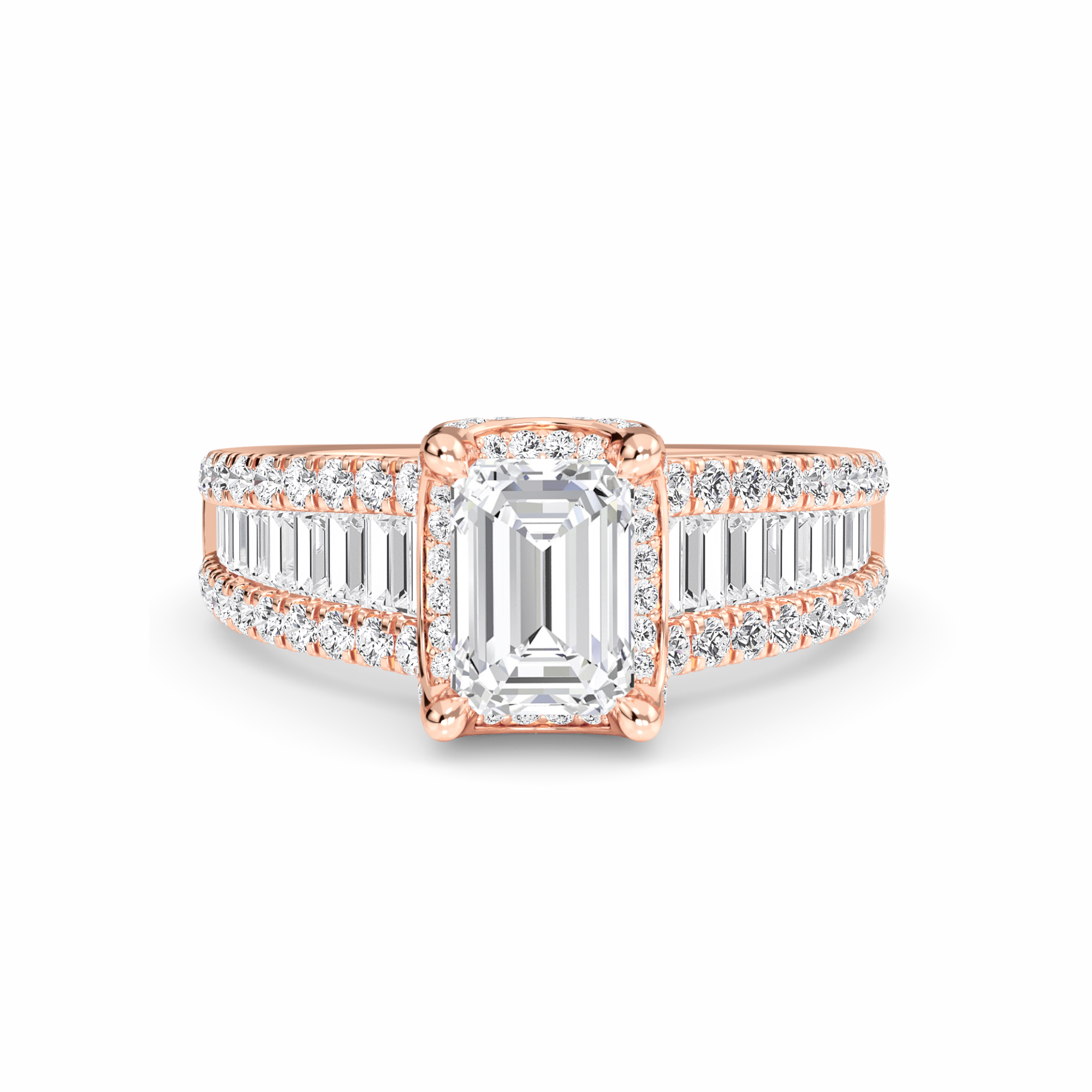 White Diamond Baguette Bar Accents Halo Engagement Ring - Sabine