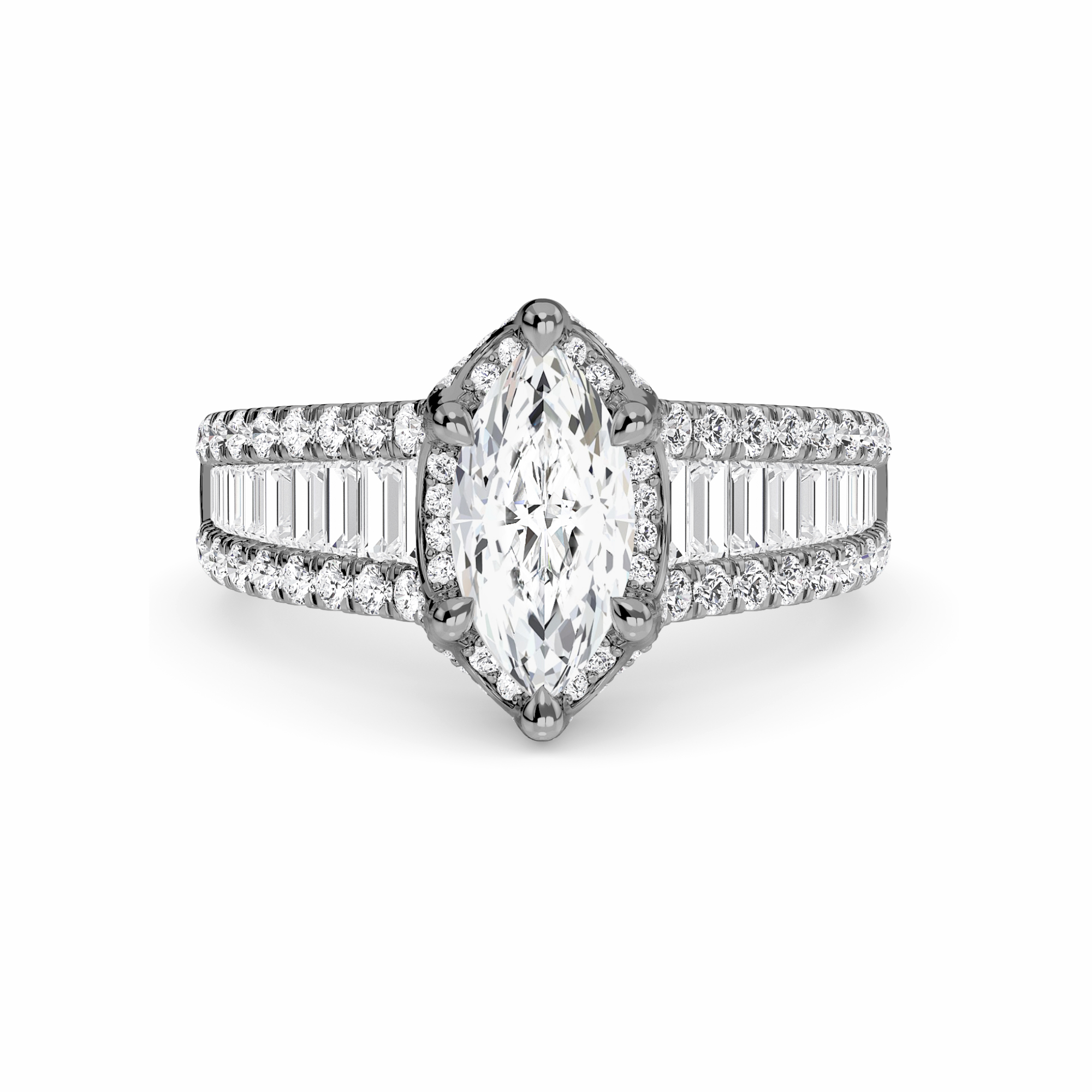 White Diamond Baguette Bar Accents Halo Engagement Ring - Sabine