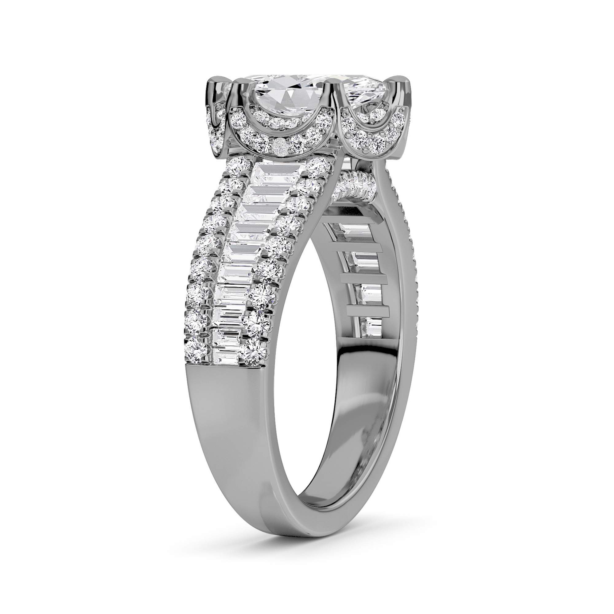 White Diamond Baguette Bar Accents Halo Engagement Ring - Sabine