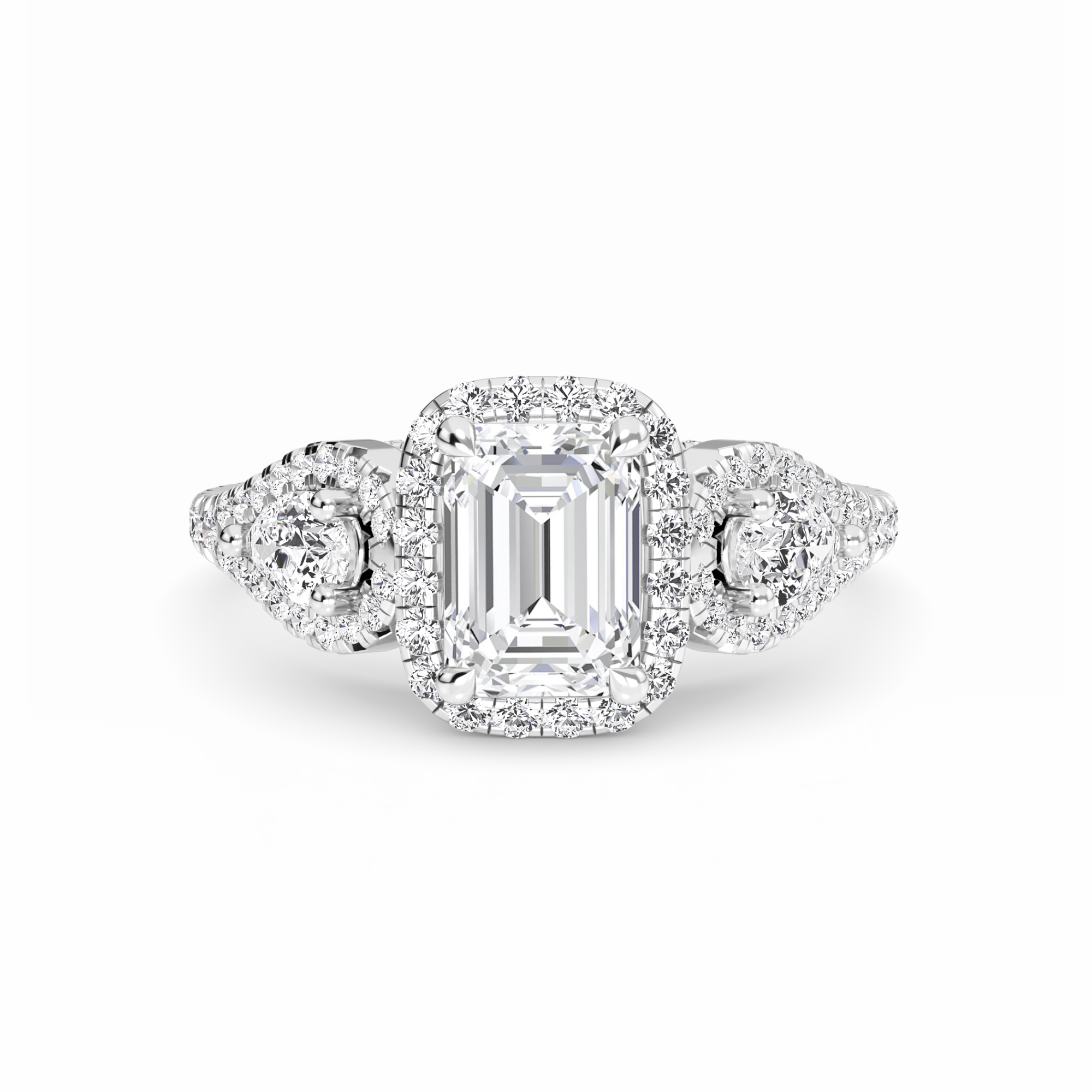 White Diamond Three-Stone Halo Engagement Ring -  Hadleigh