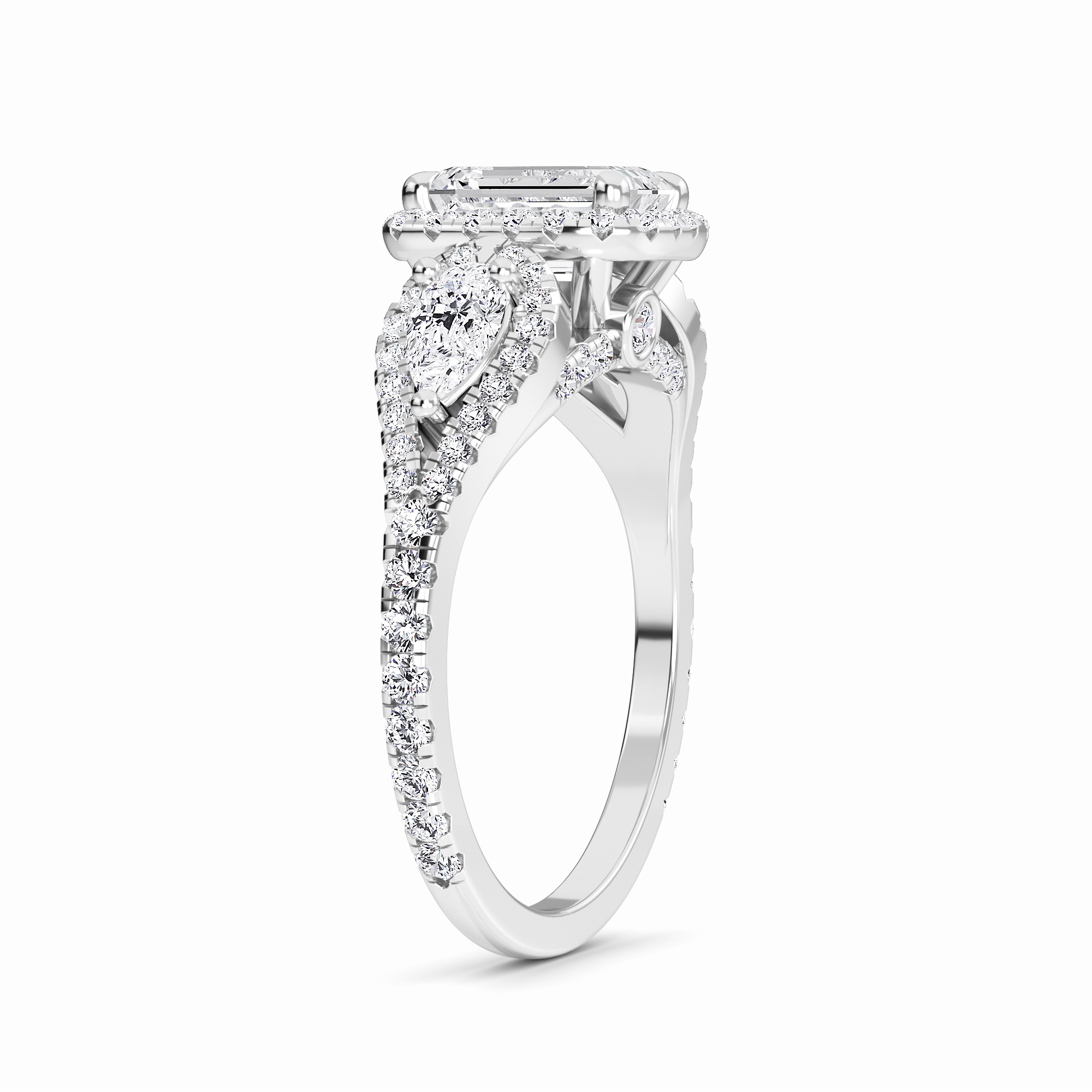 White Diamond Three-Stone Halo Engagement Ring -  Hadleigh