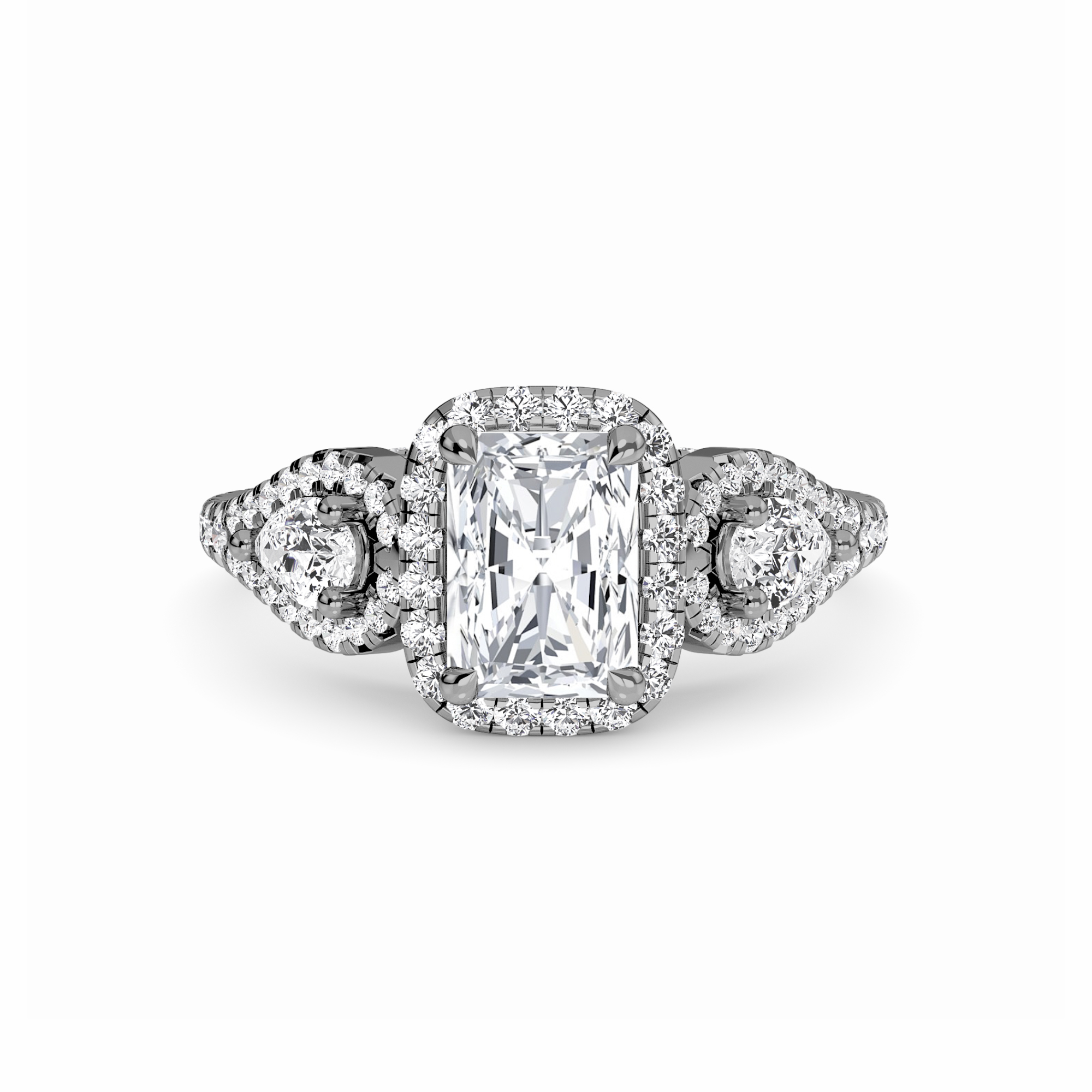 White Diamond Three-Stone Halo Engagement Ring - Hadleigh