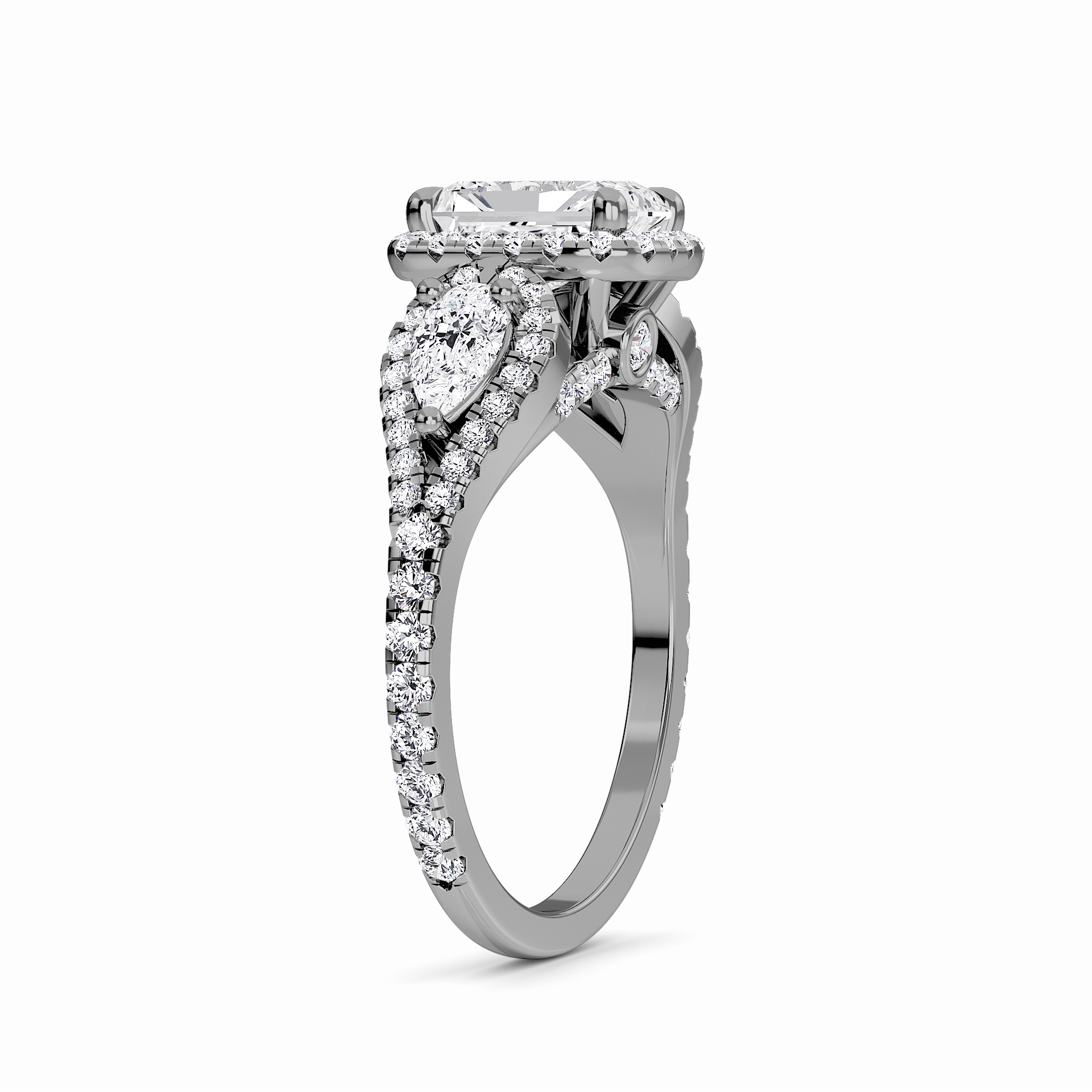White Diamond Three-Stone Halo Engagement Ring - Hadleigh
