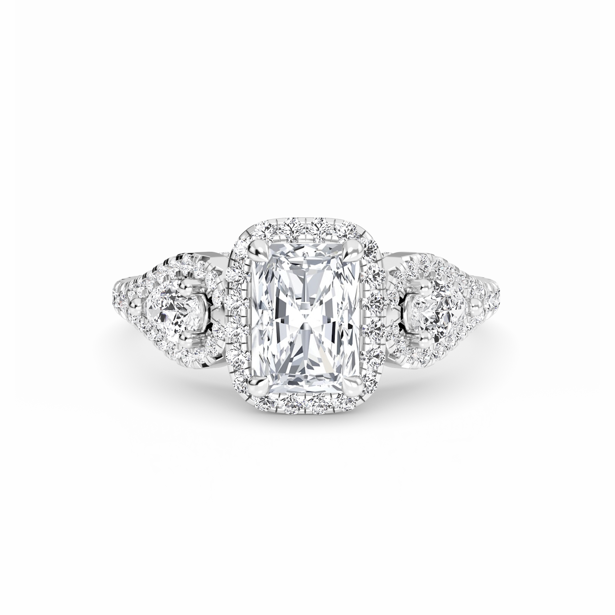 White Diamond Three-Stone Halo Engagement Ring -  Hadleigh