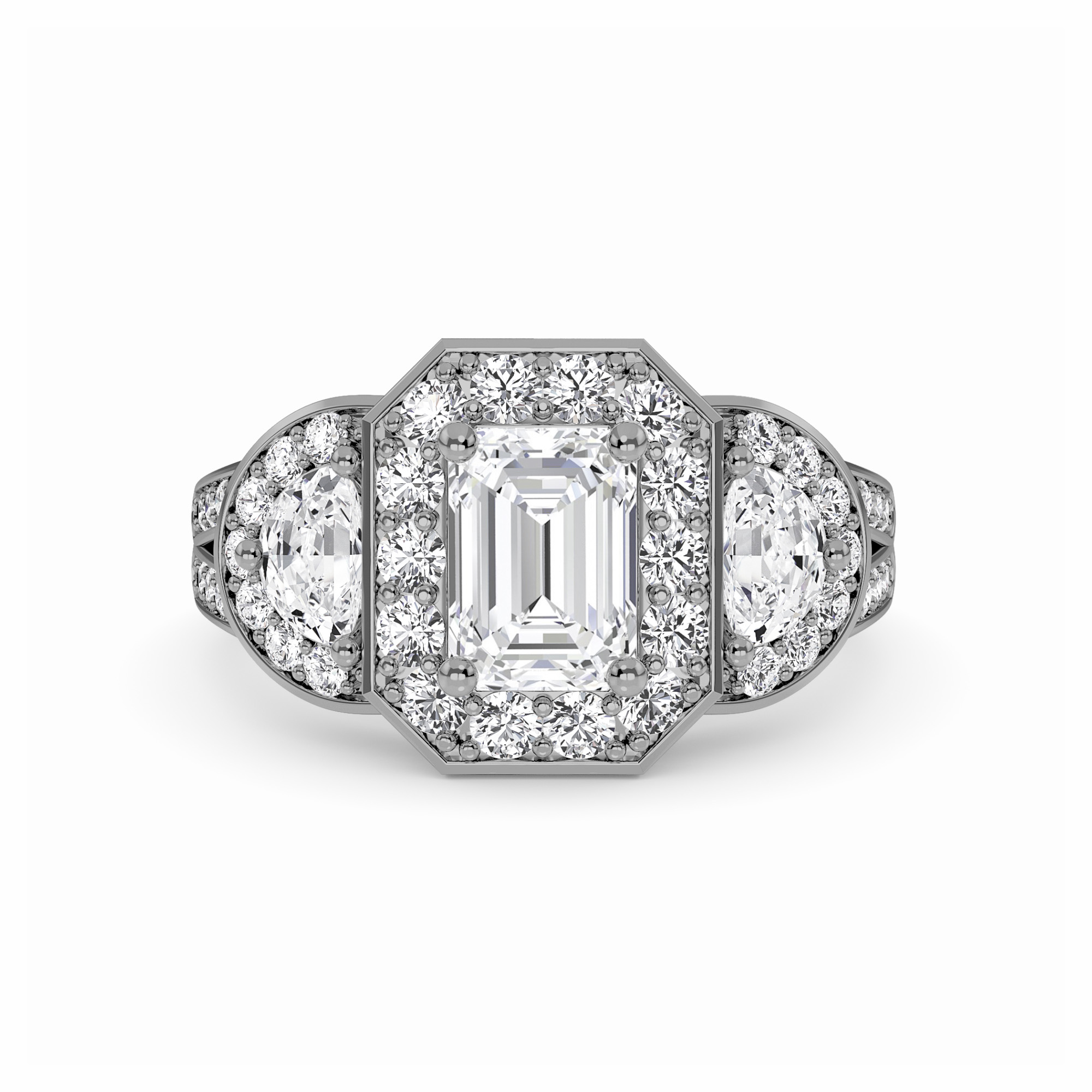White Diamond Three-Stone Halo Engagement Ring - Journey