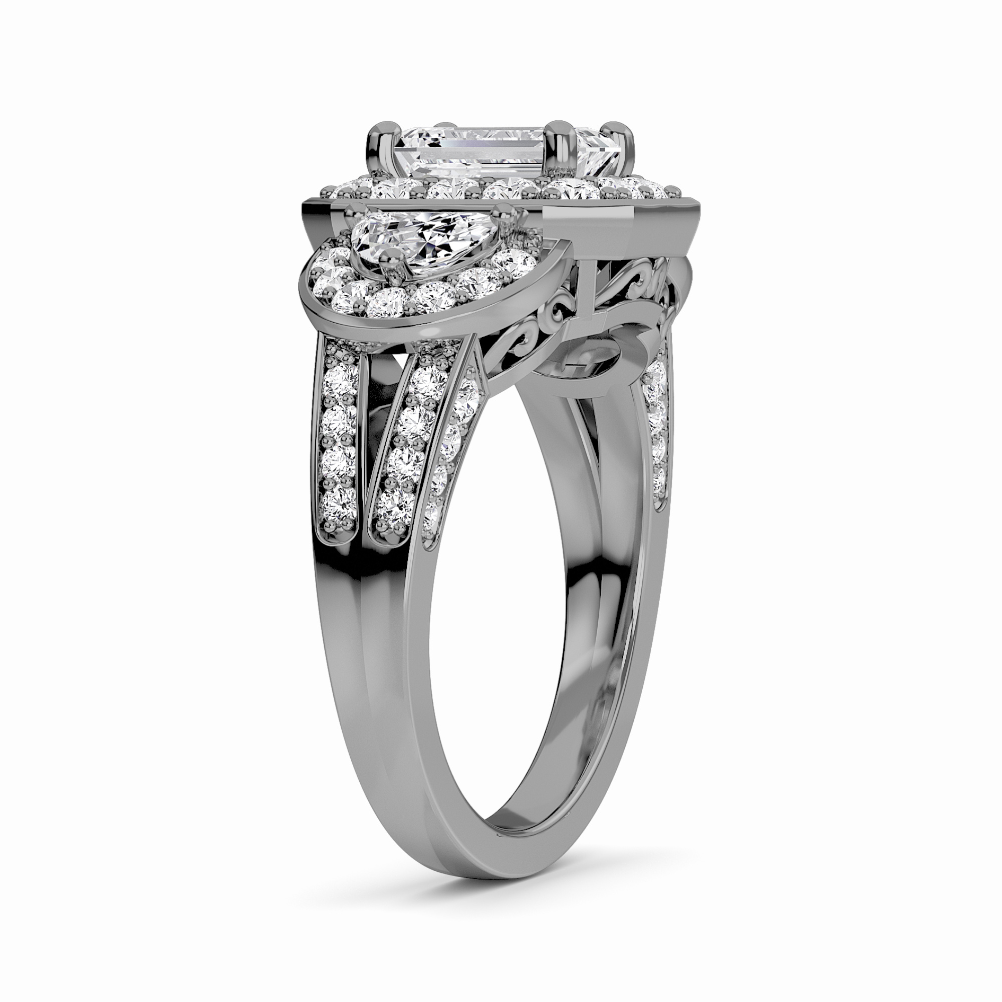 White Diamond Three-Stone Halo Engagement Ring - Journey