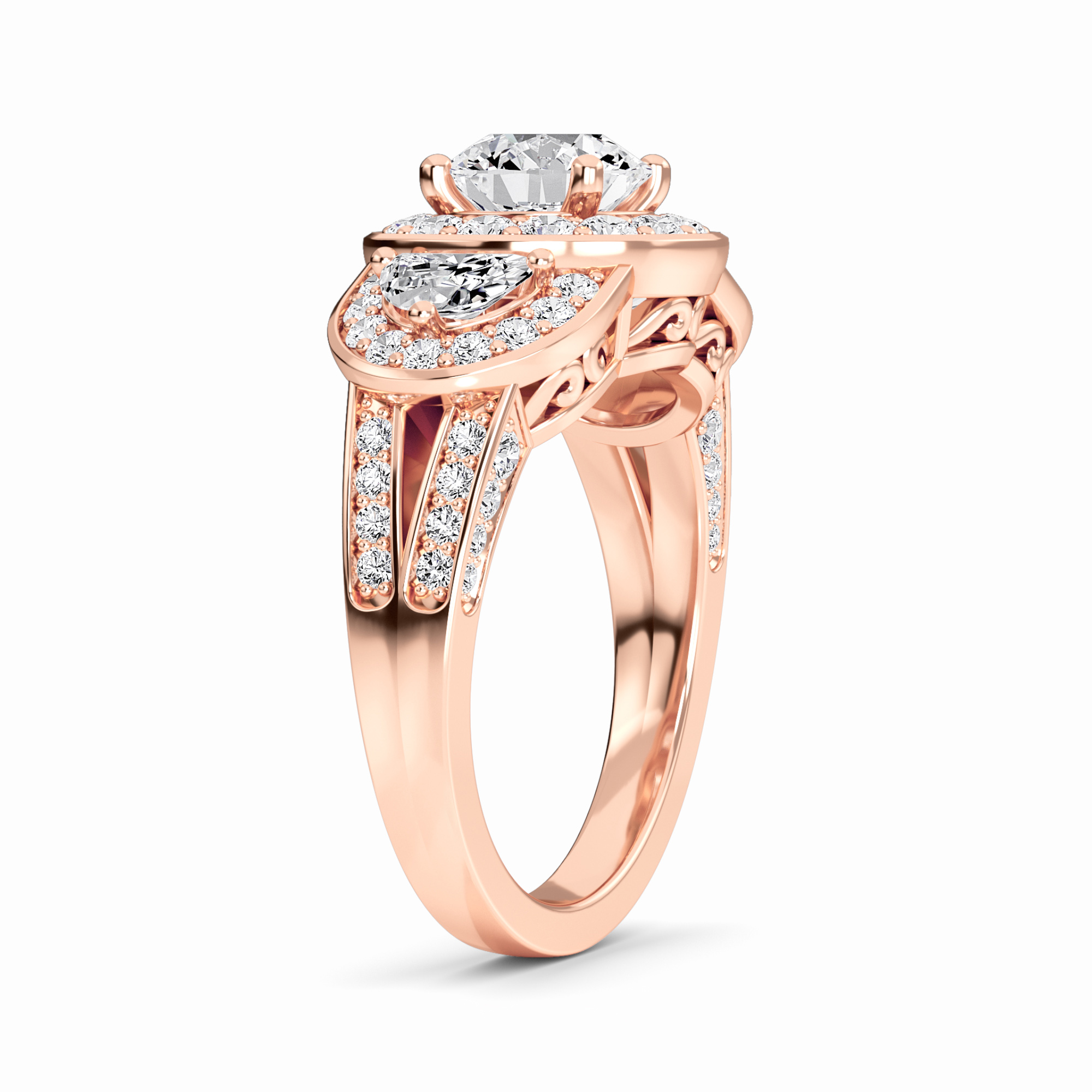 White Diamond Three-Stone Halo Engagement Ring - Journey