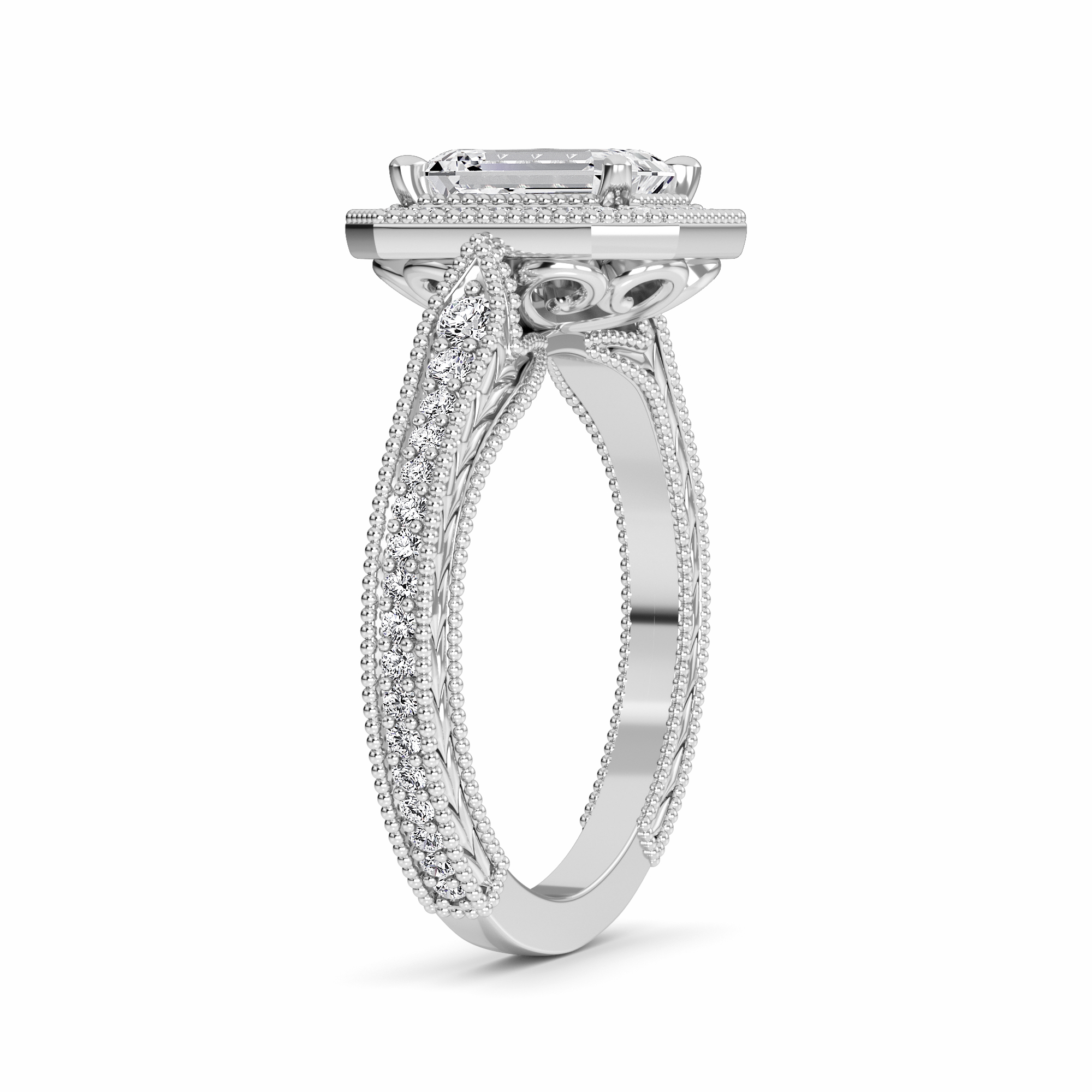 White Diamond Vintage Milgrain Halo Engagement Ring - Fallon