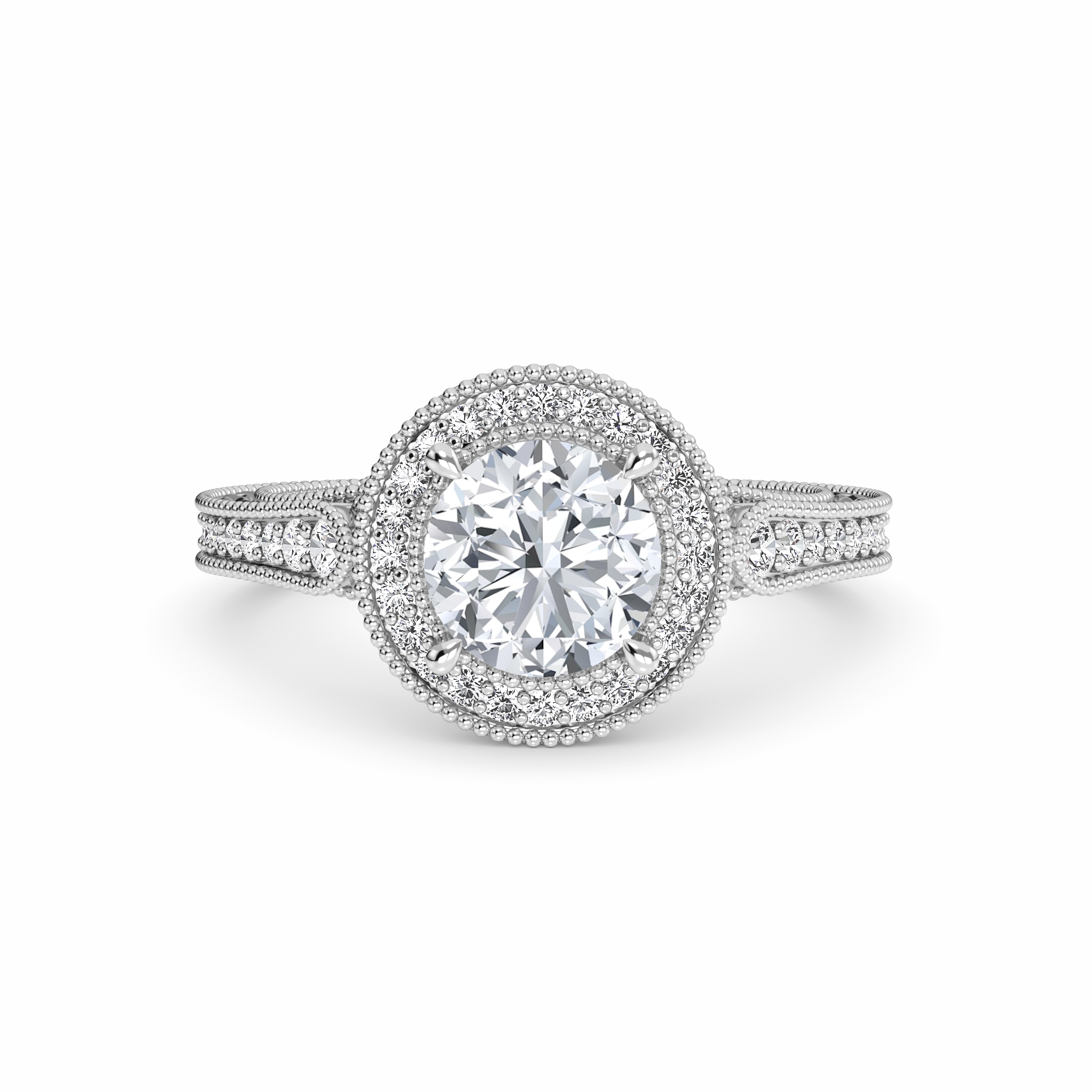 White Diamond Vintage Milgrain Halo Engagement Ring - Fallon
