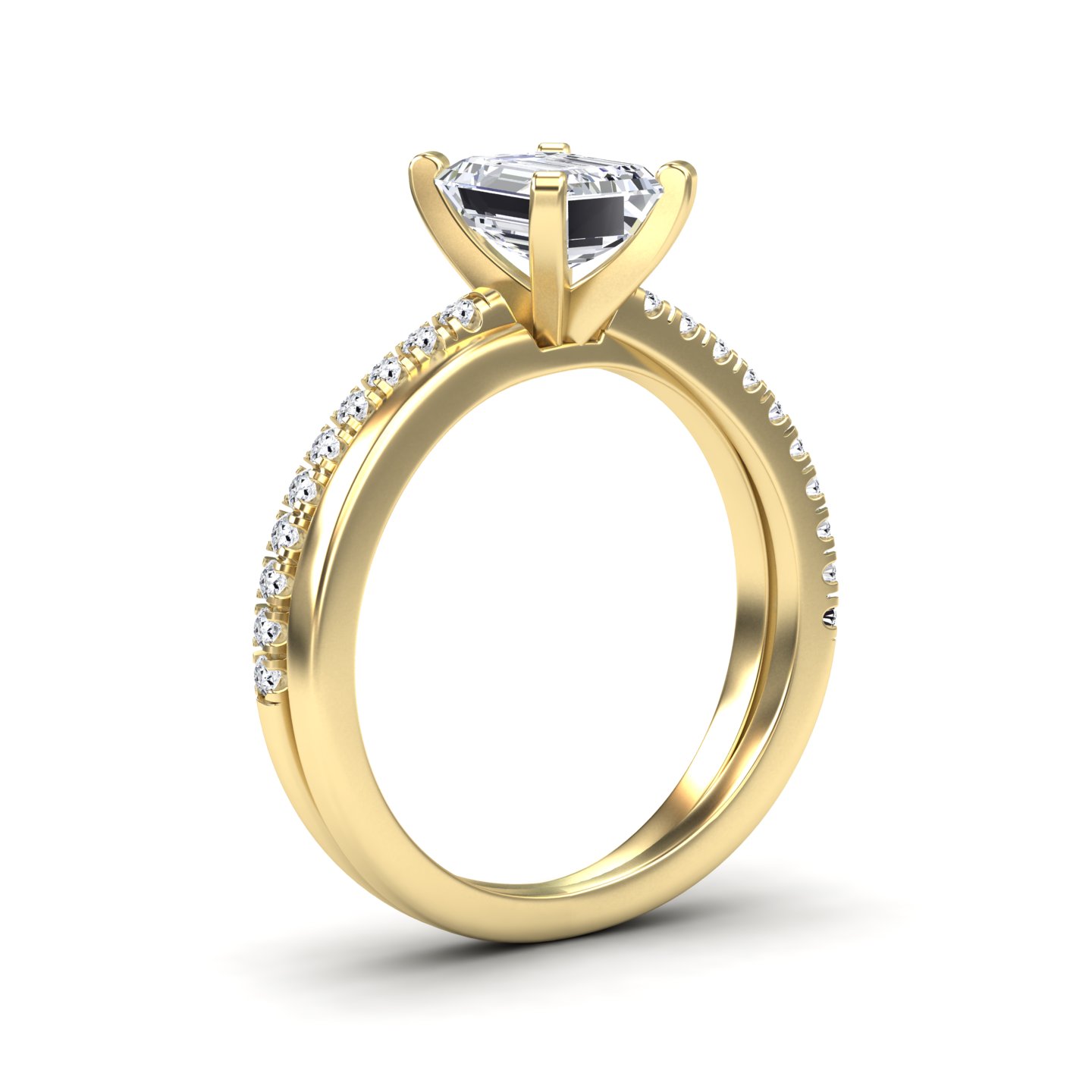 White Diamond Solitaire Dual-Band Pave Engagement Ring - Athena