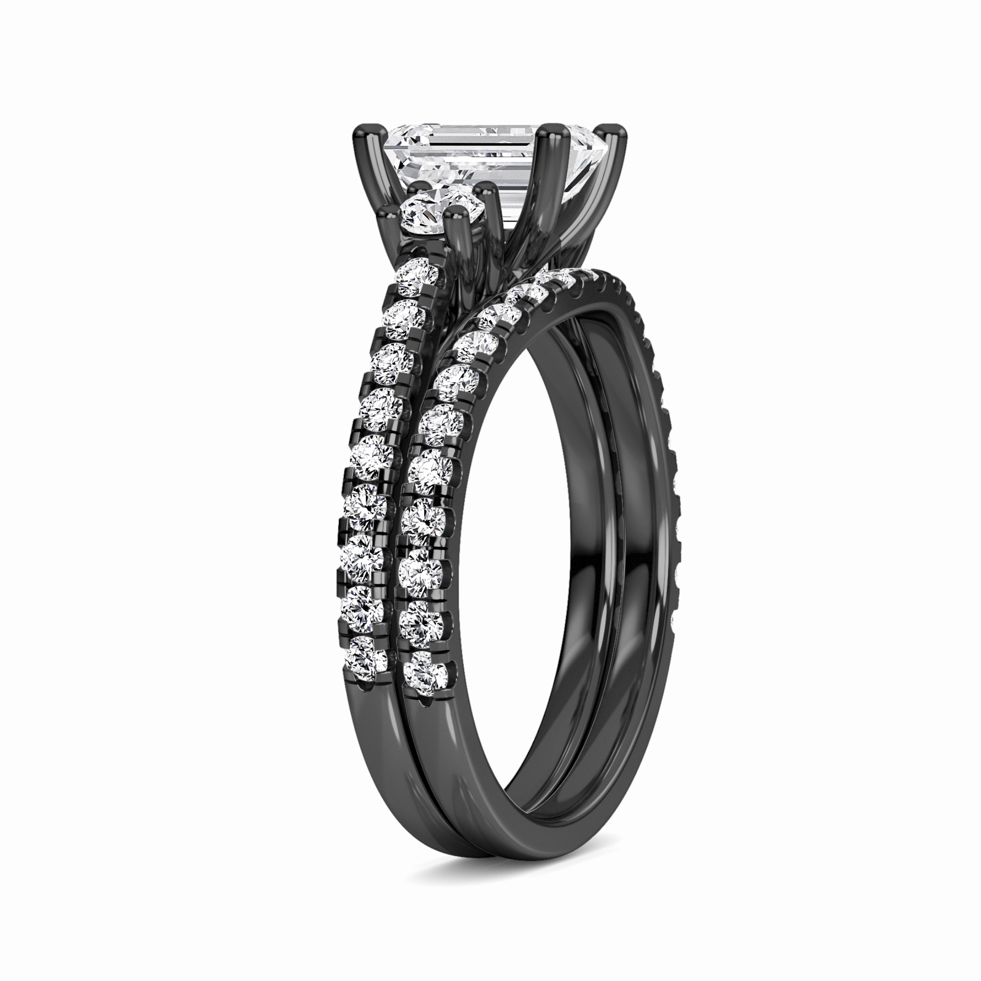 White Diamond Pave Bridal Set Three Stone Engagement Ring - Melissa