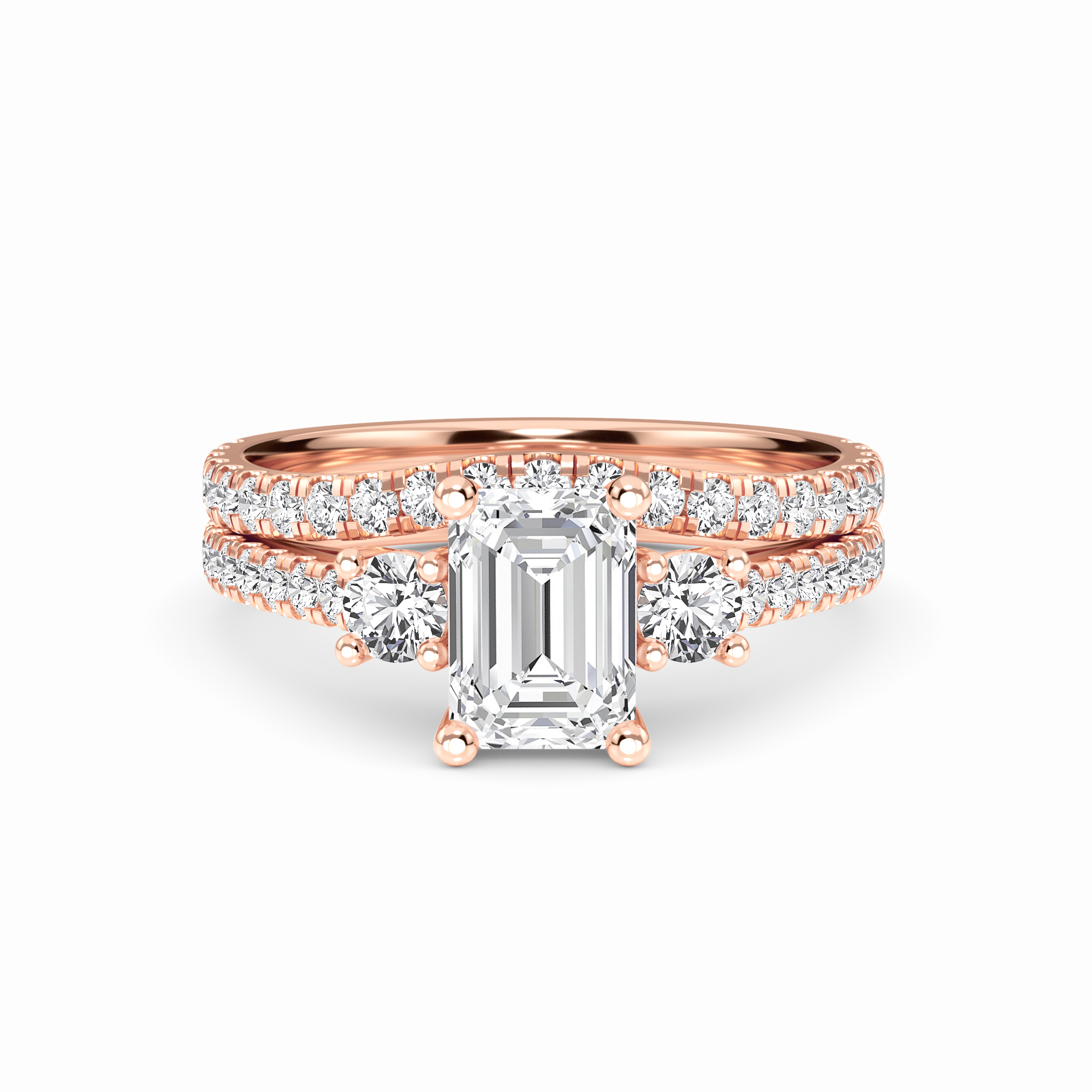 White Diamond Pave Bridal Set Three Stone Engagement Ring - Melissa