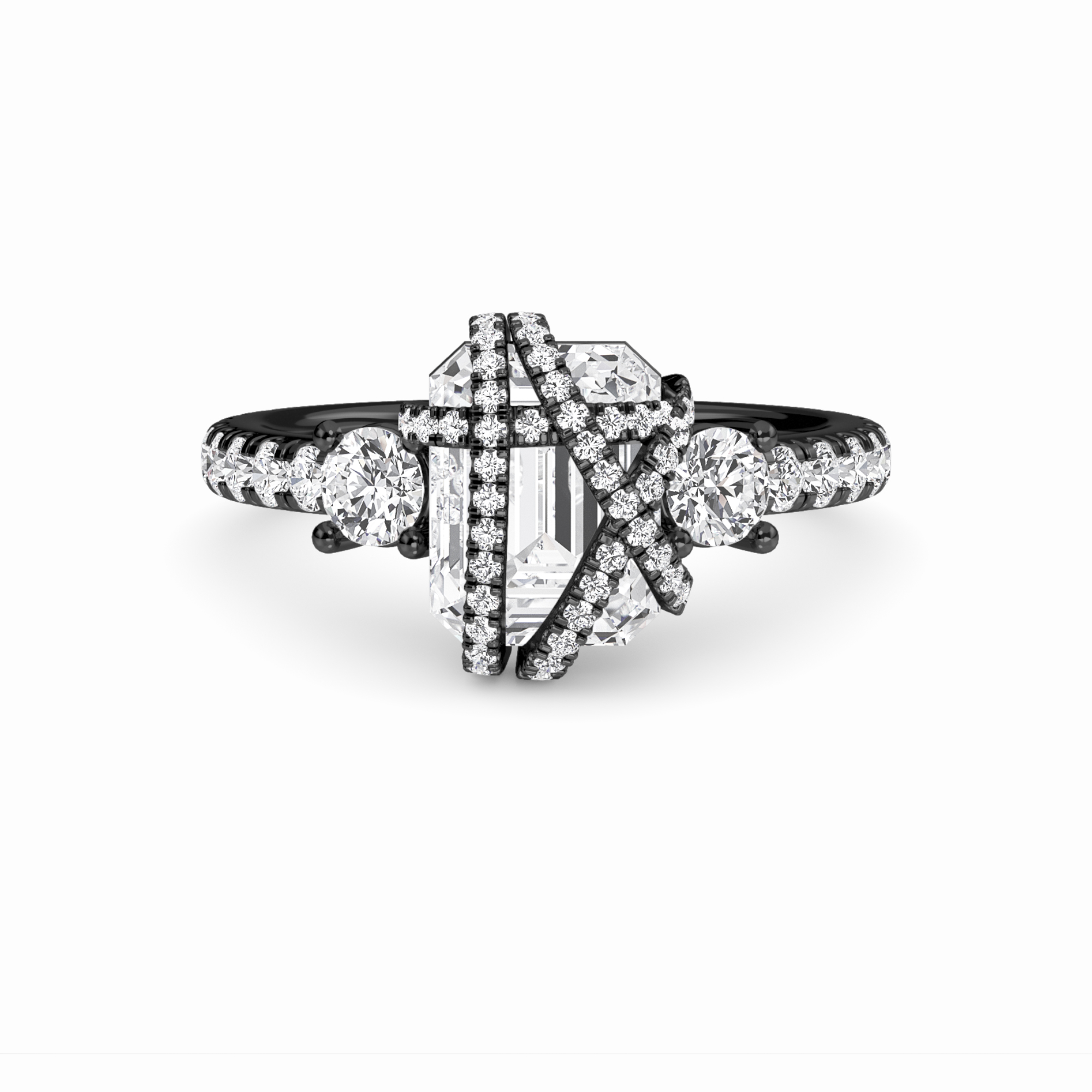 White Diamond Criss-Cross Halo Three-Stone Engagement Ring - Tisha
