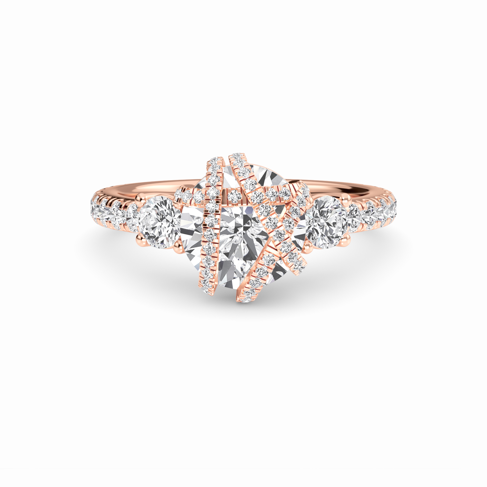White Diamond Criss-Cross Halo Three-Stone Engagement Ring - Tisha