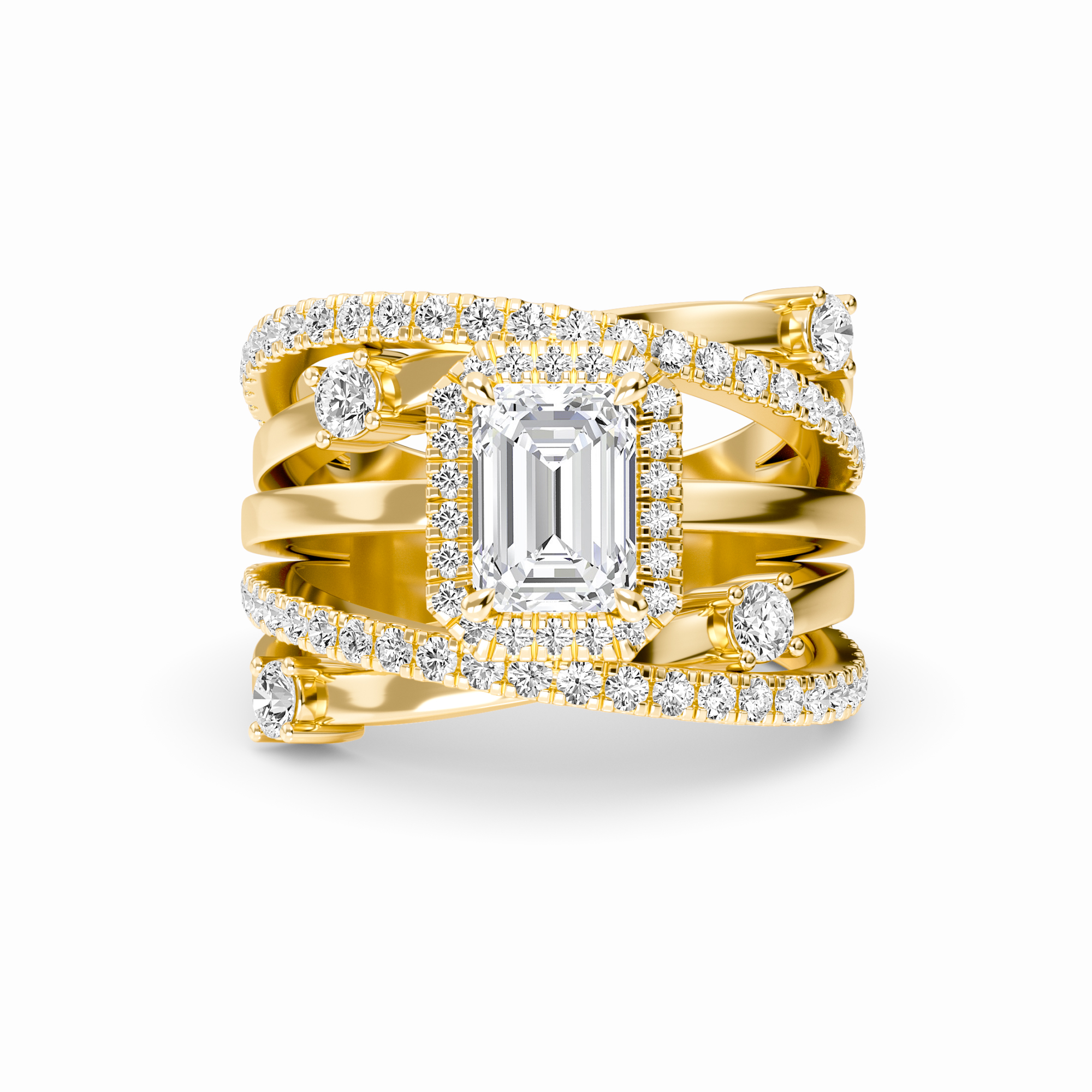 White Diamond Multi-Band Crossover Halo Engagement Ring - Lucienne