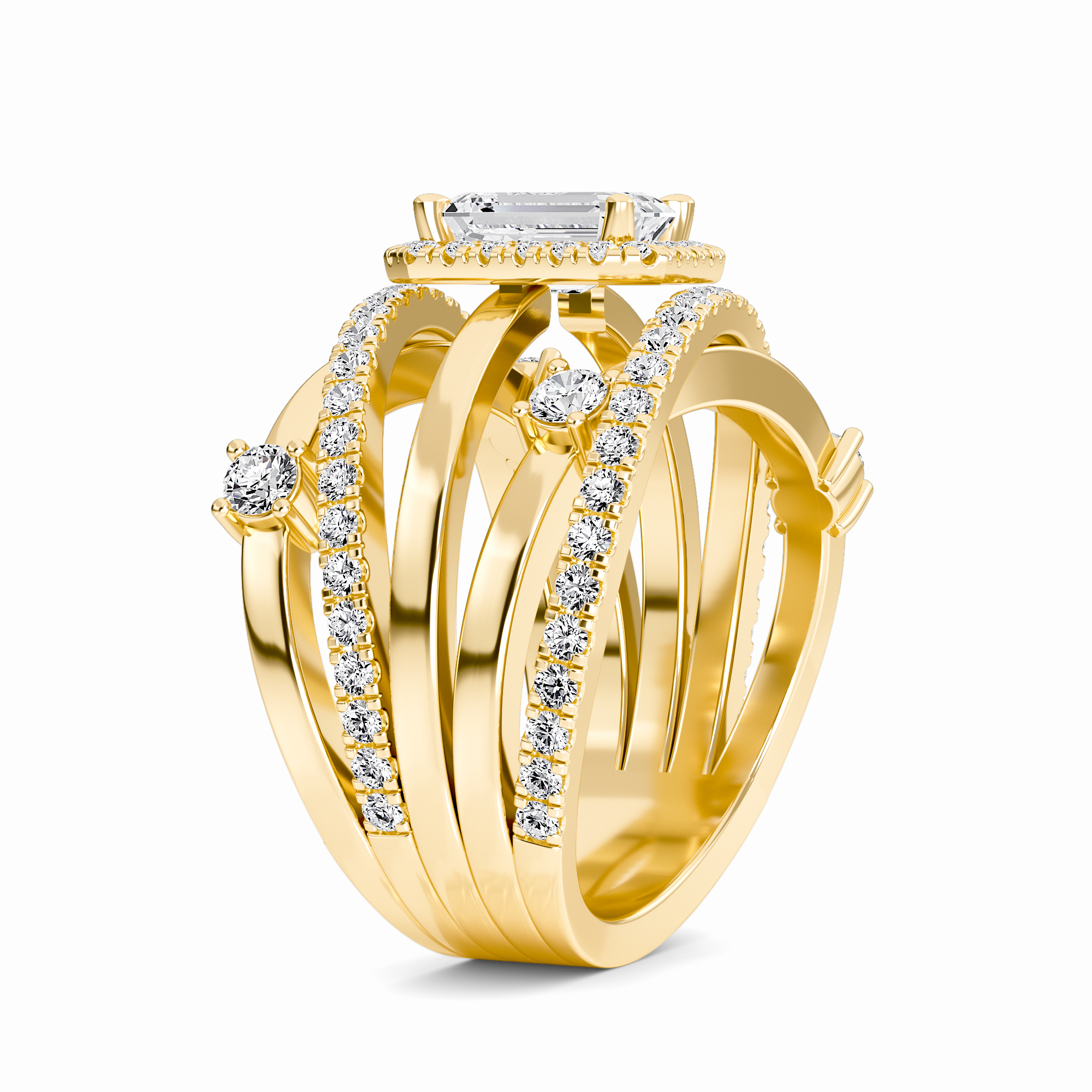 White Diamond Multi-Band Crossover Halo Engagement Ring - Lucienne