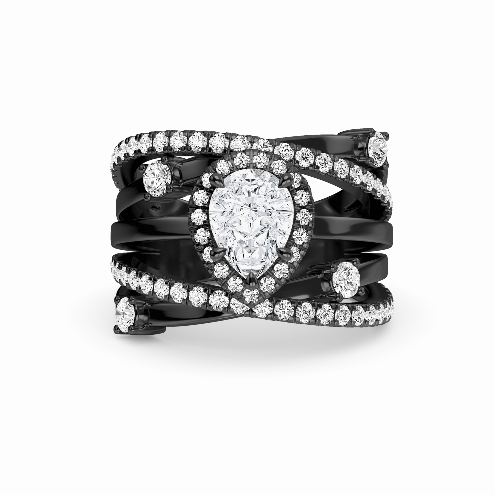 White Diamond Multi-Band Crossover Halo Engagement Ring - Lucienne