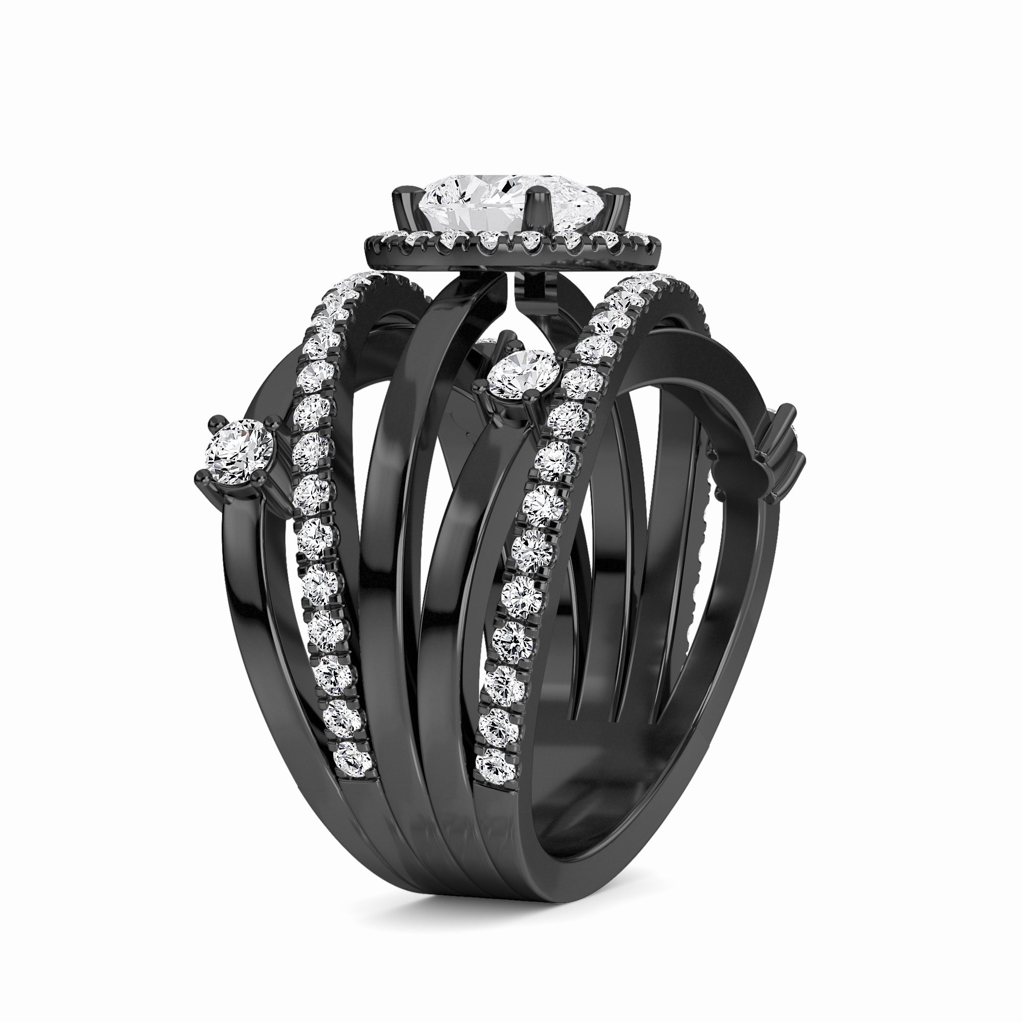 White Diamond Multi-Band Crossover Halo Engagement Ring - Lucienne