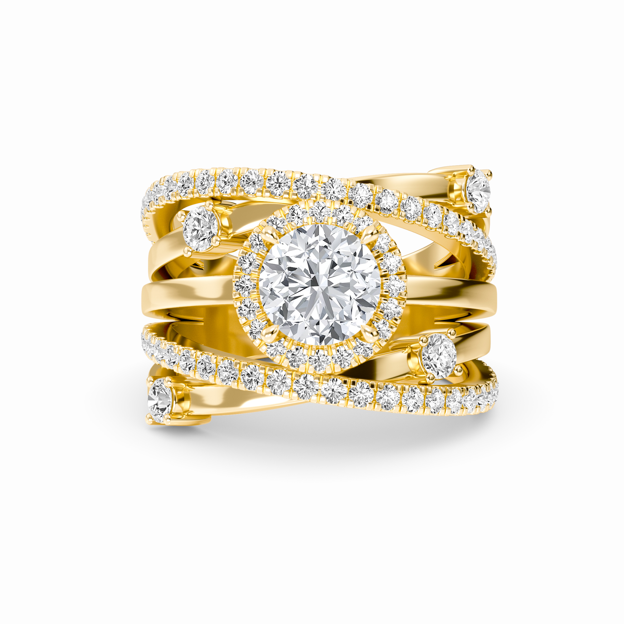 White Diamond Multi-Band Crossover Halo Engagement Ring - Lucienne