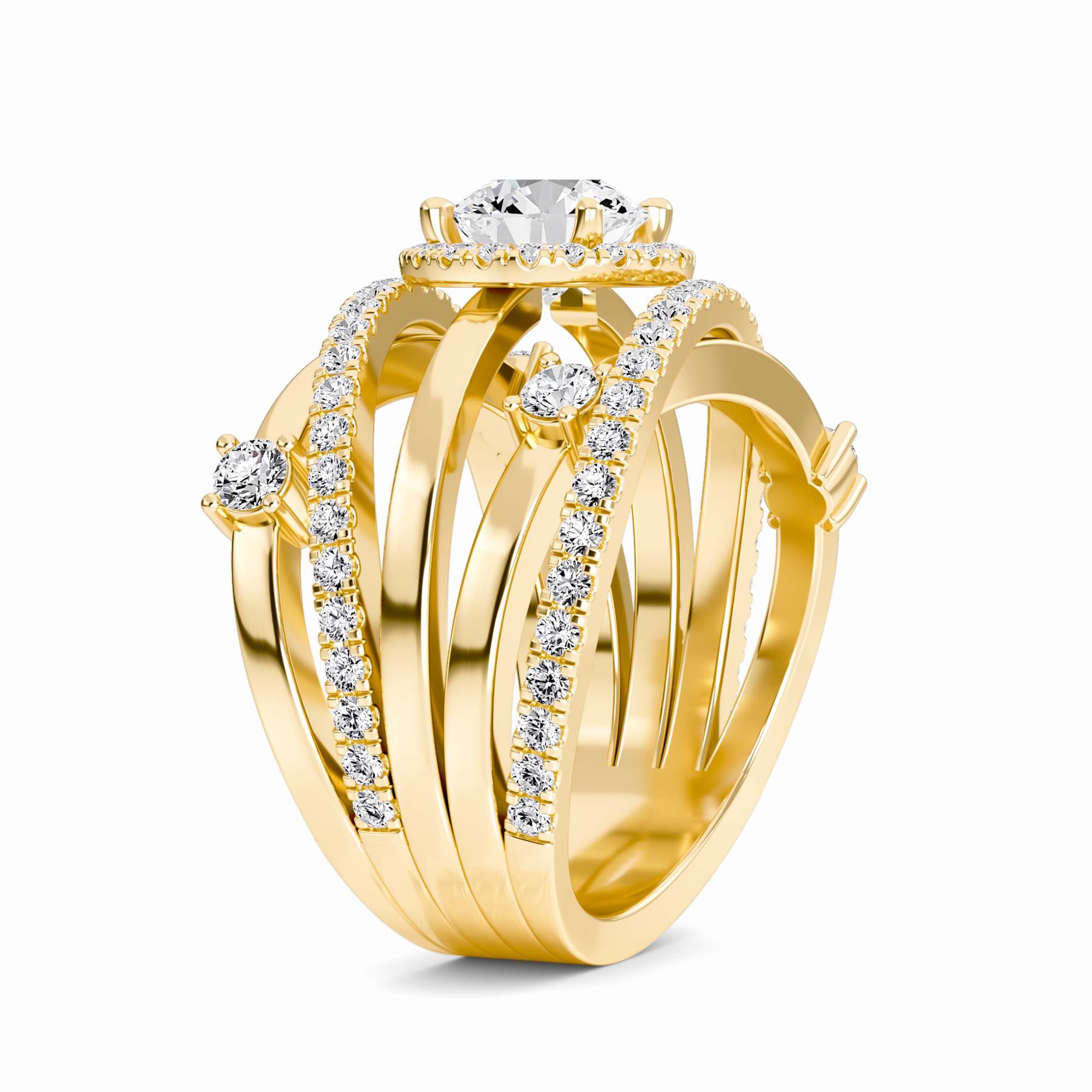 White Diamond Multi-Band Crossover Halo Engagement Ring - Lucienne