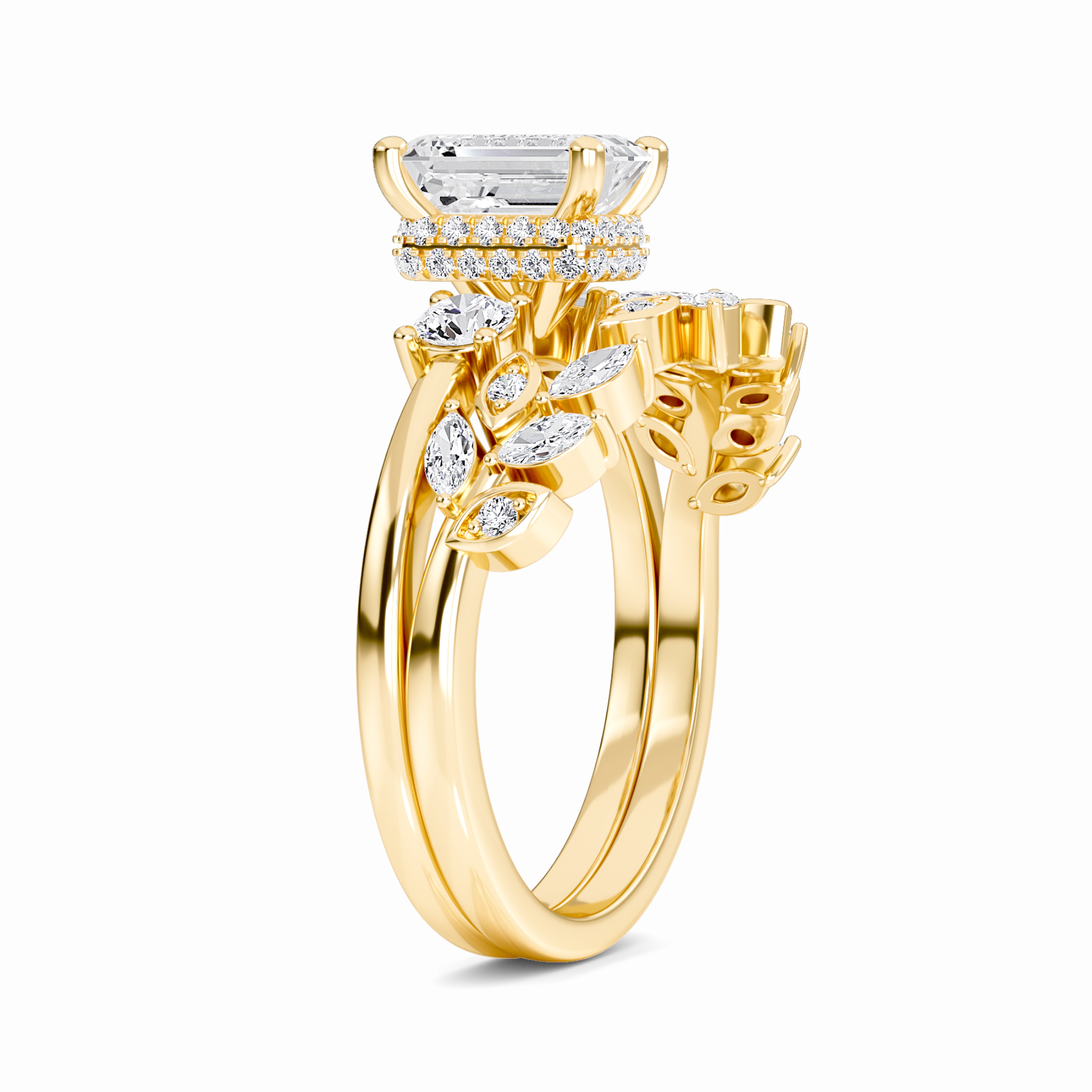 White Diamond Floral Hidden Halo Three Stone Bridal Engagement Ring - Rachel