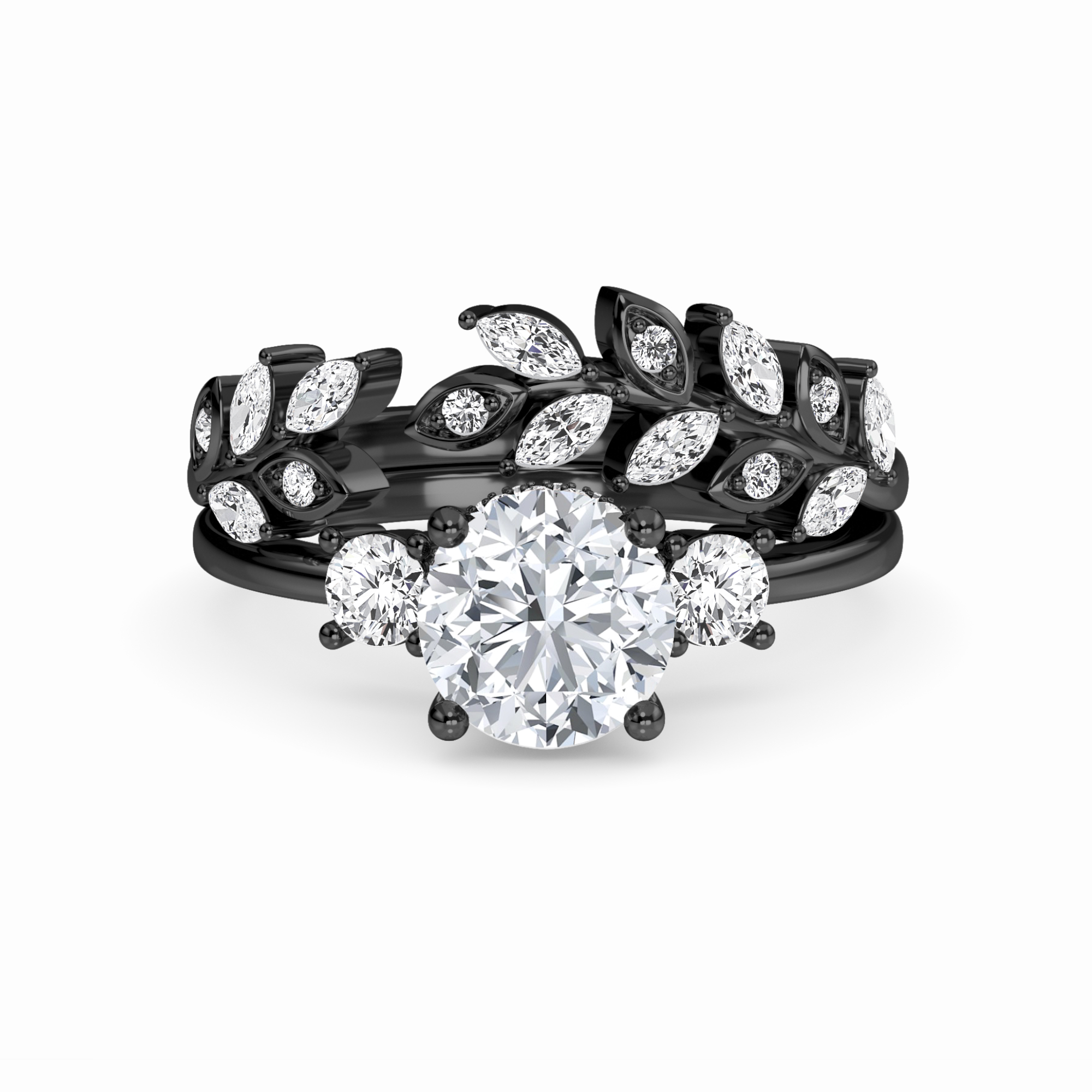 White Diamond Floral Hidden Halo Three Stone Bridal Engagement Ring - Rachel