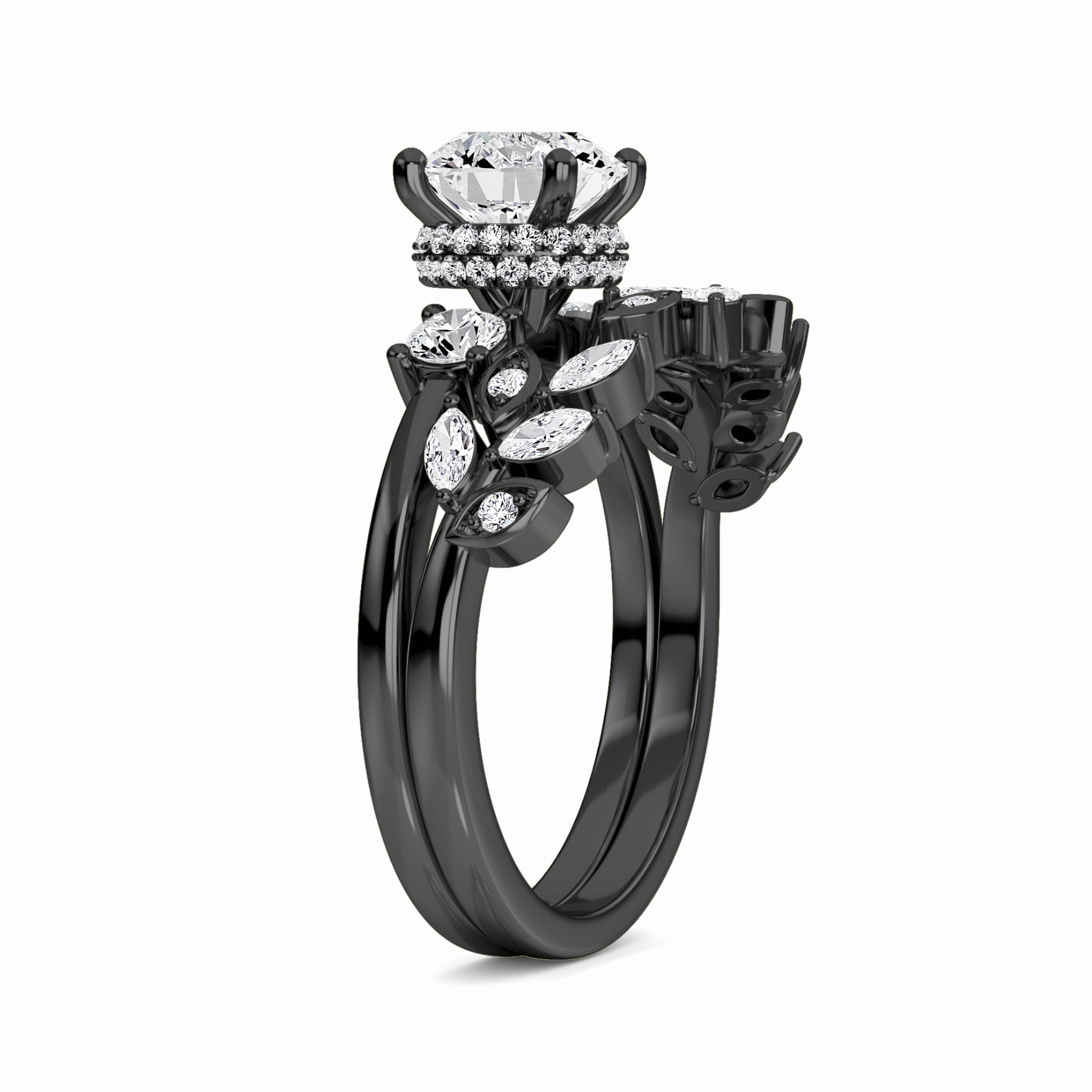 White Diamond Floral Hidden Halo Three Stone Bridal Engagement Ring - Rachel