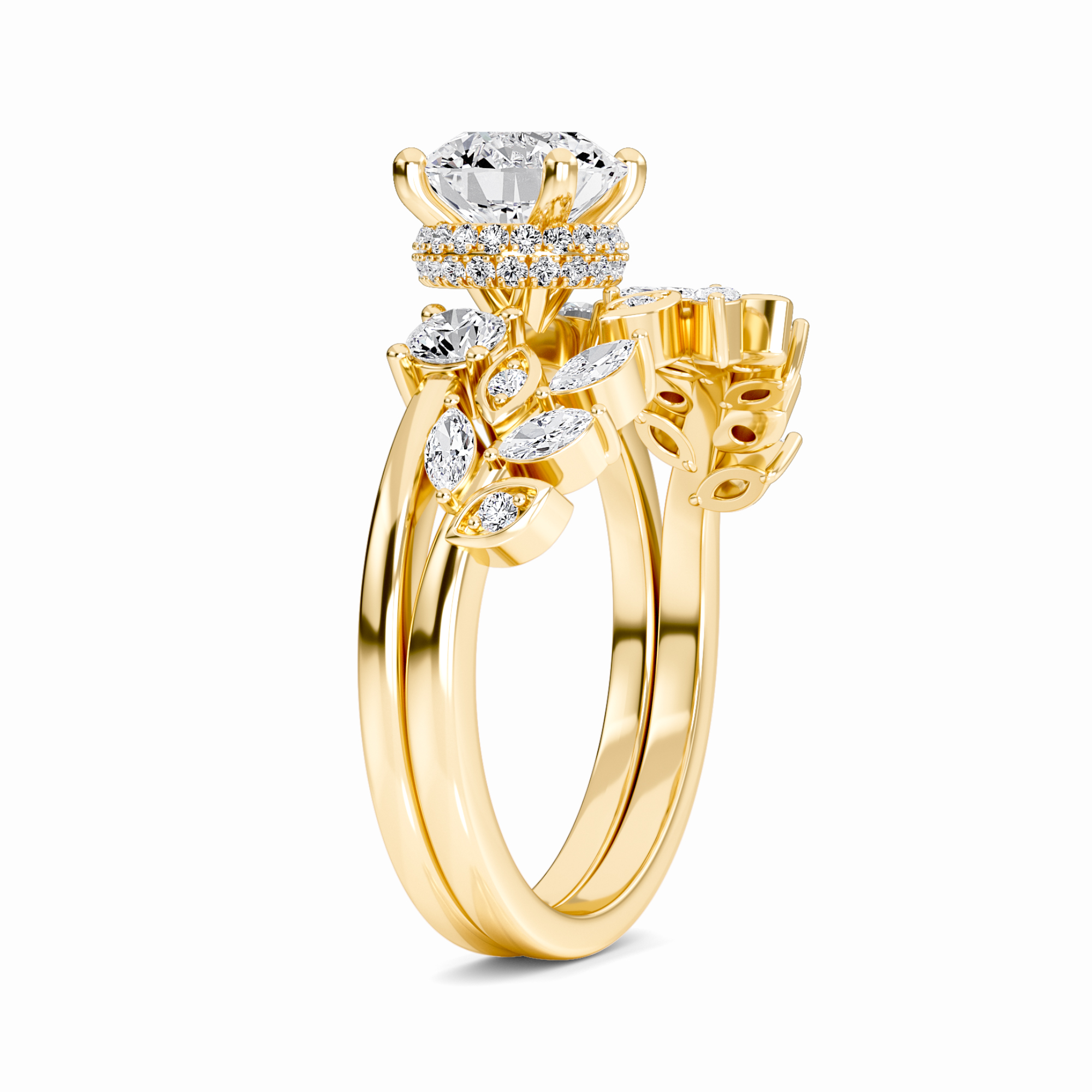 White Diamond Floral Hidden Halo Three Stone Bridal Engagement Ring - Rachel