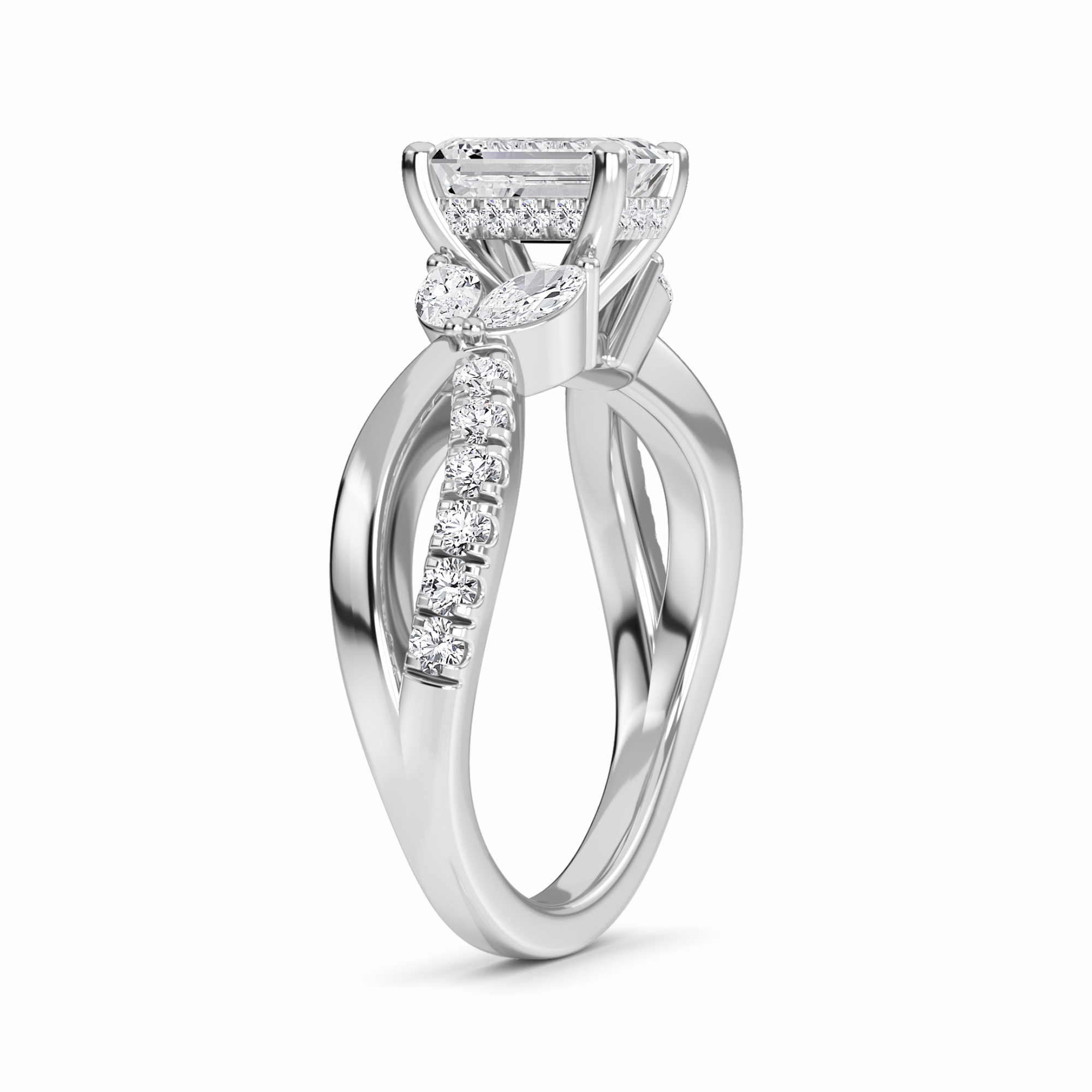 White Diamond Leaf Motif Twisted Engagement Ring - Skylar