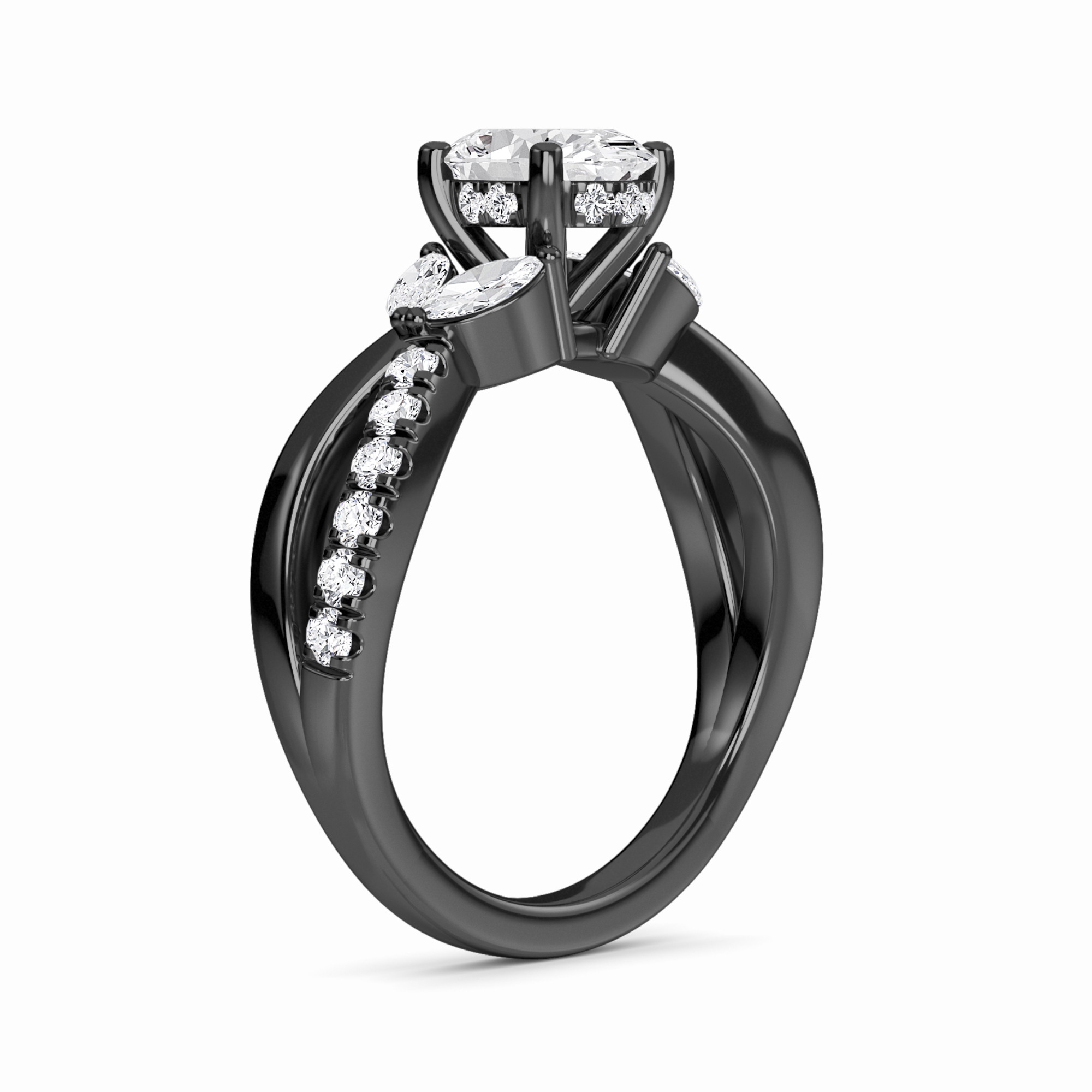 White Diamond Leaf Motif Twisted Engagement Ring - Skylar