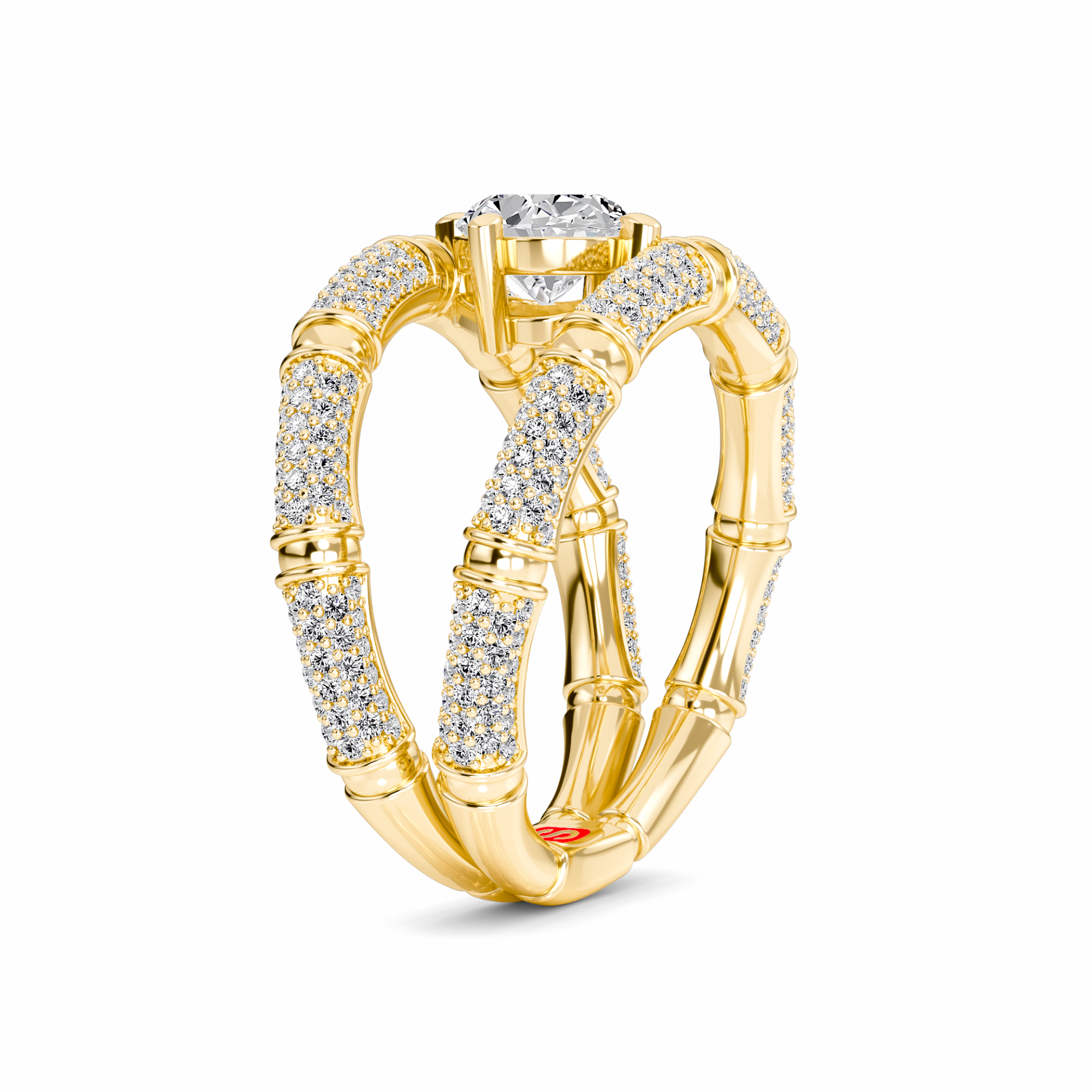 White Diamond Accented Bamboo Inspired Engagement Ring - Colette